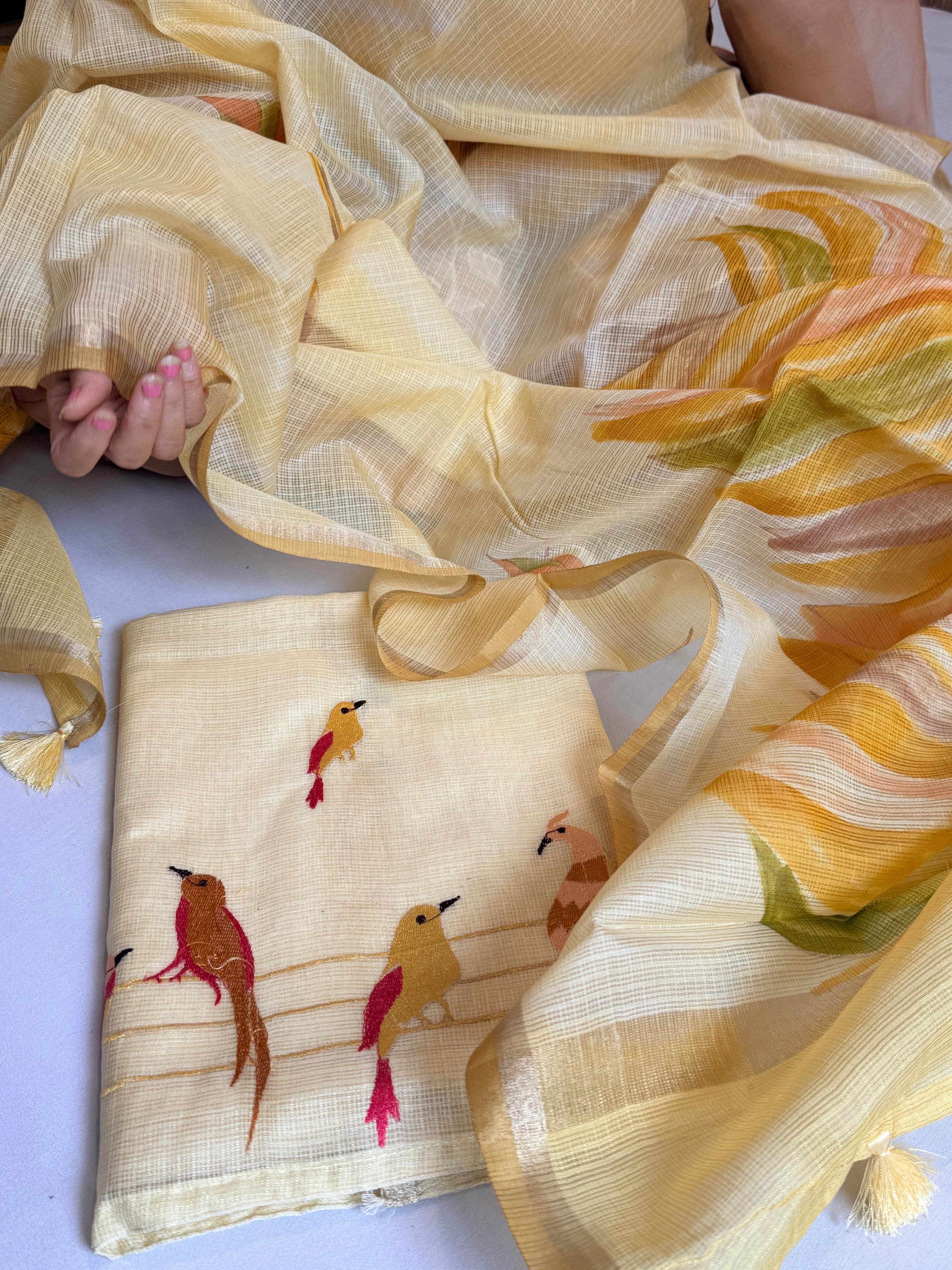 BELOW 8K - light yellow cotton kota silk resham work banarasi suit set