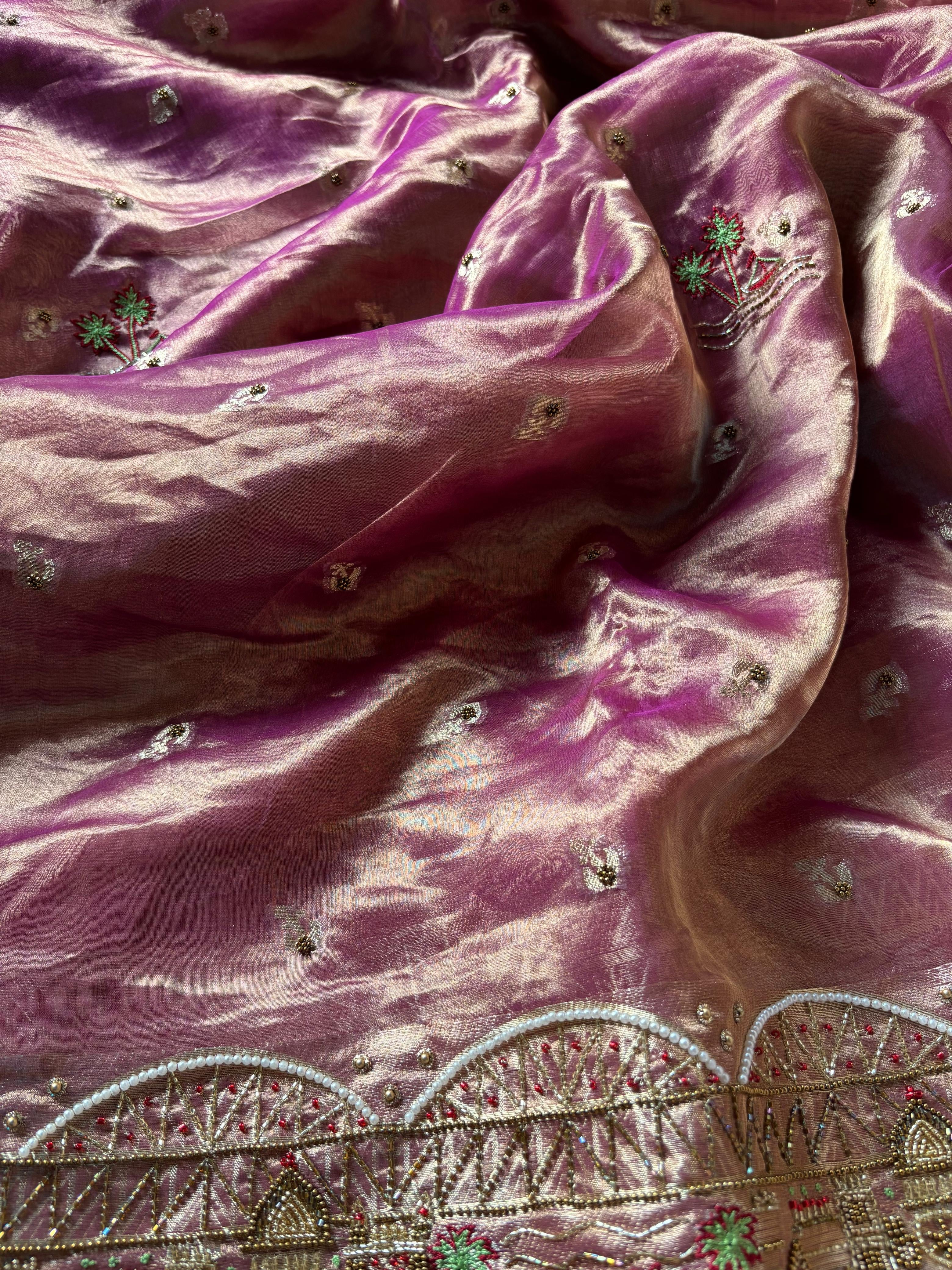 Gangakinare edit lotus purple tissue silk hand embroidered kadhwa saree