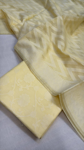 Soft yellow mul cotton banarasi suit set