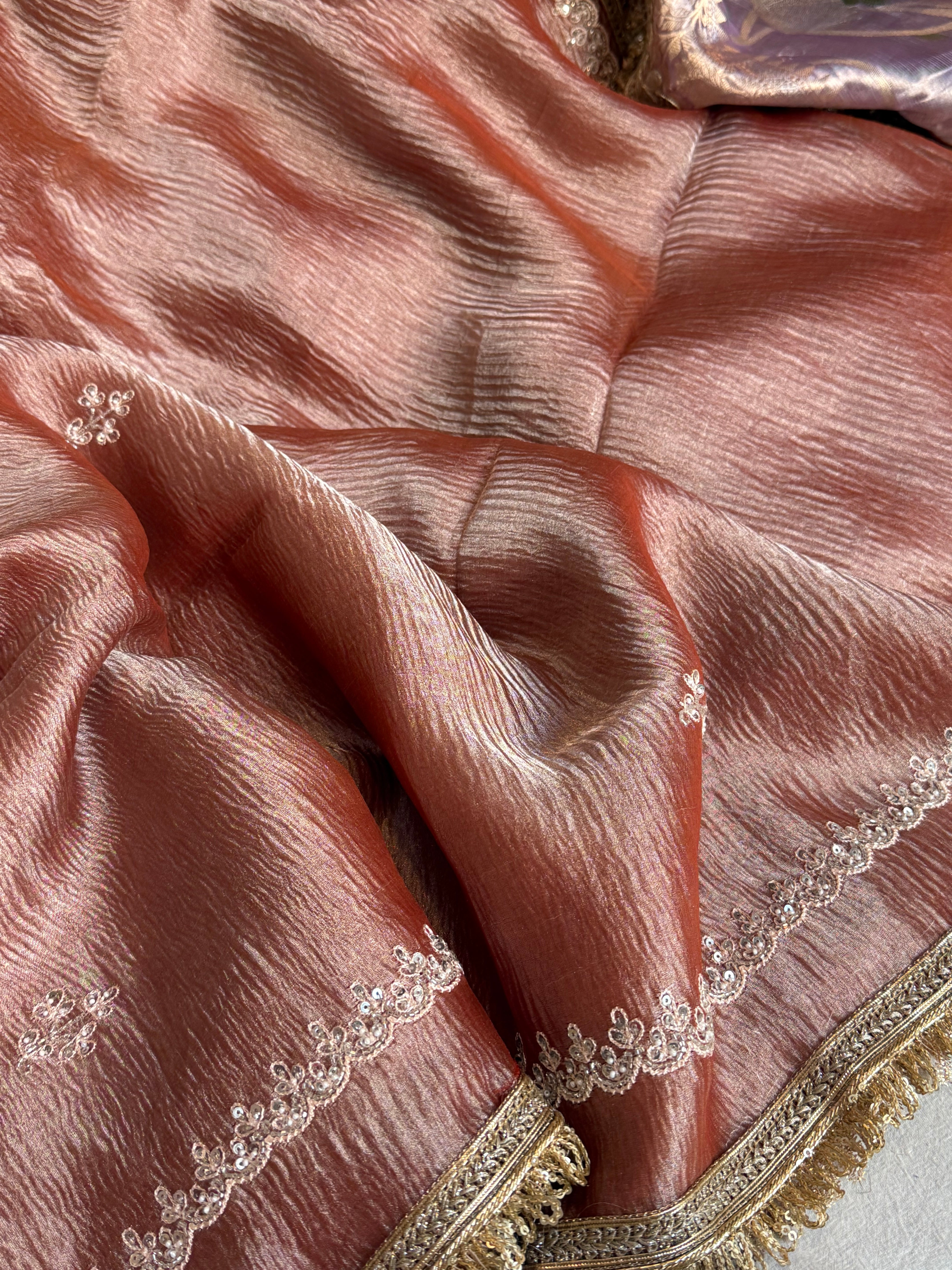 Crushed rose peach tissue silk hand embroidered kadhwa saree