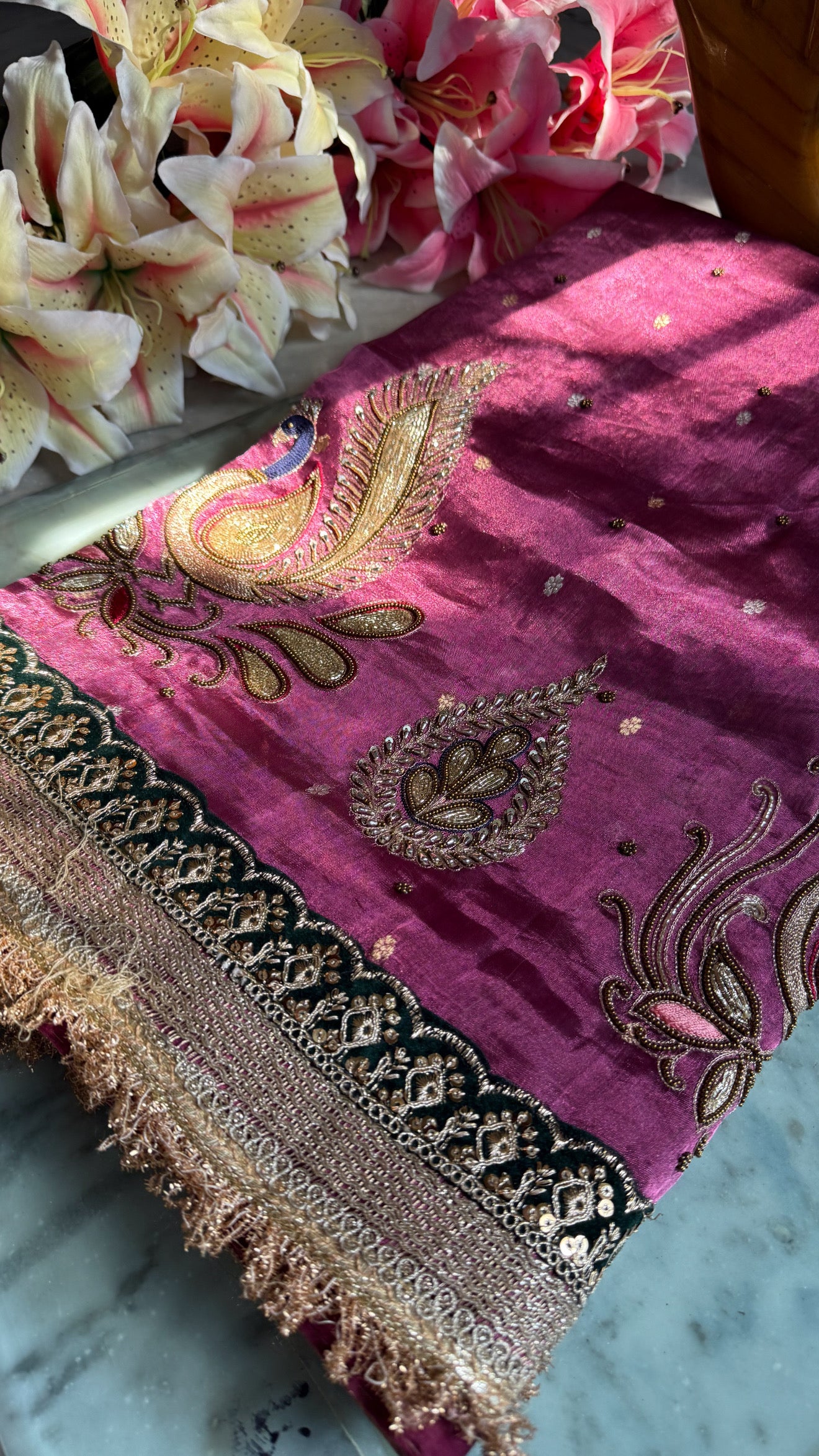 Dancing peacock motif - Magenta purple tissue silk hand embroidered saree
