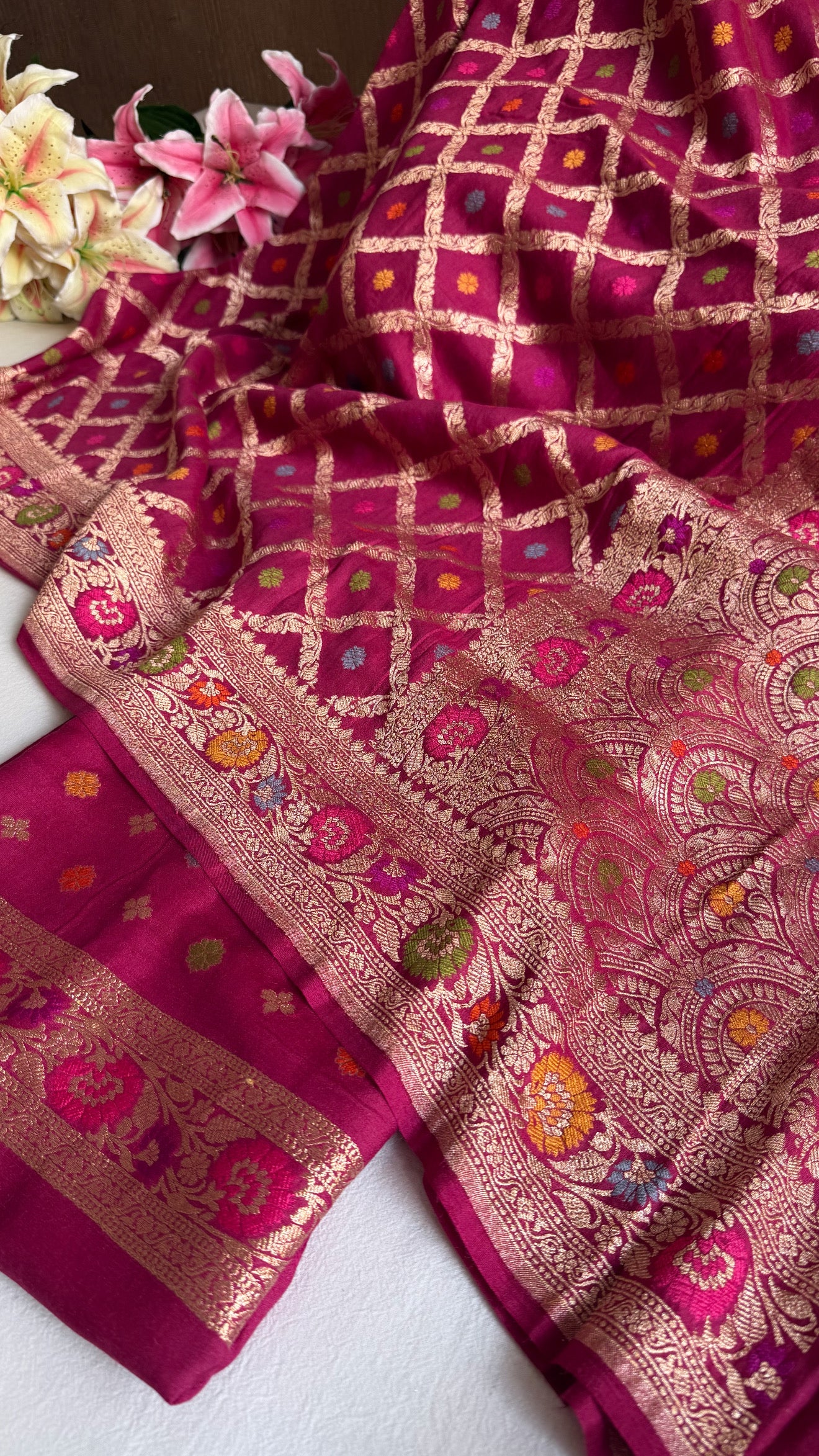Moonga silk cranberry shade chaukadi duppata with meenakari kadhwa weaving