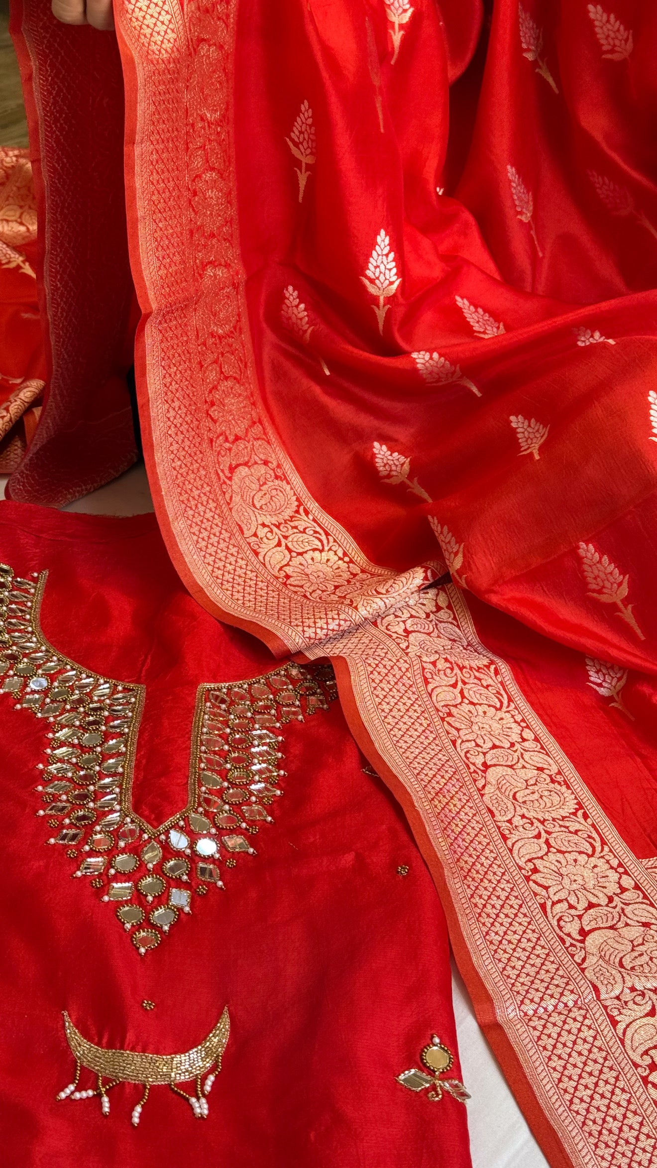 Sheesham blood red mirror work hand embroidered katan silk suit set