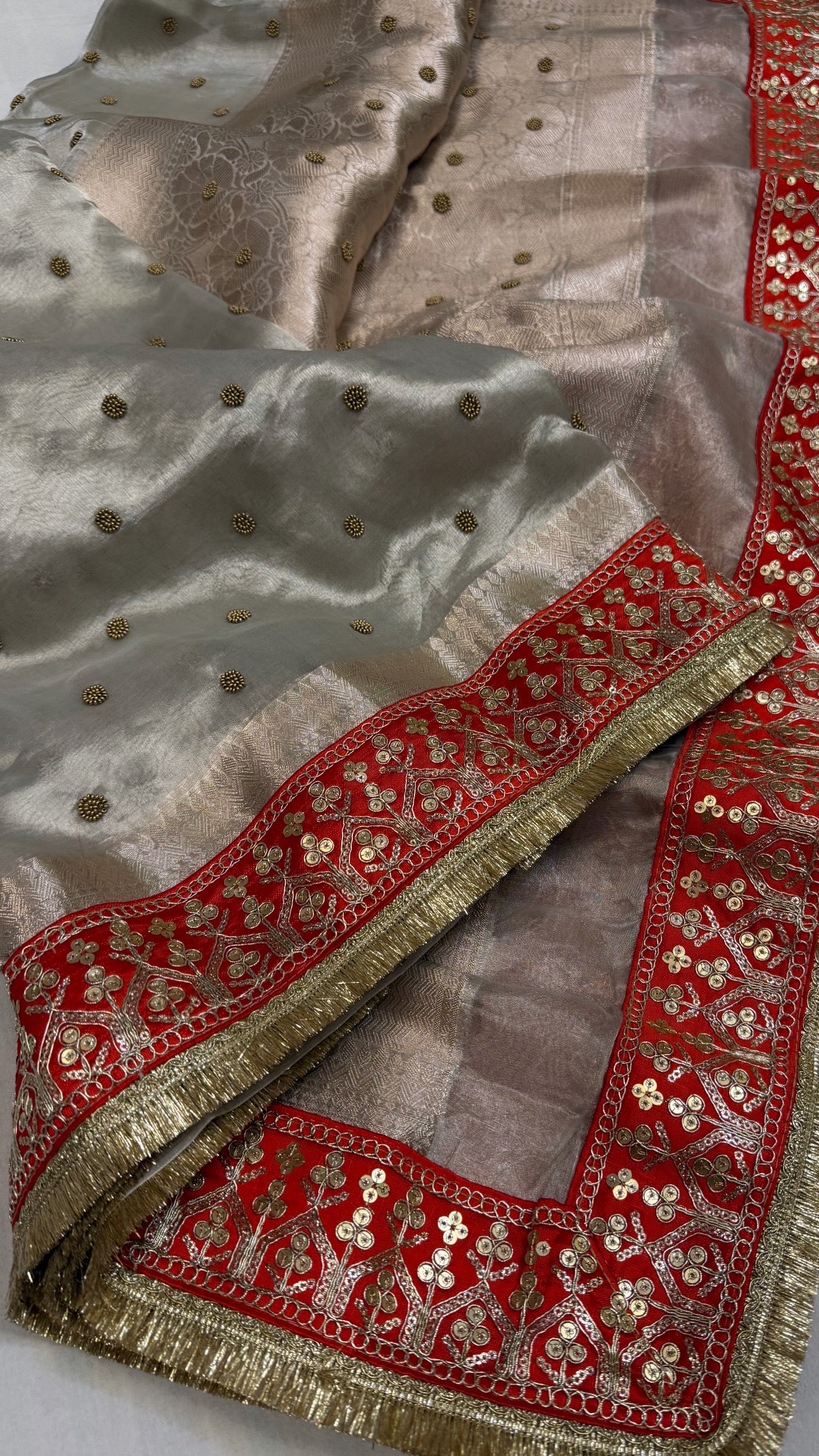 Diamond tissue silk chunri buti hand embroidered panetar saree