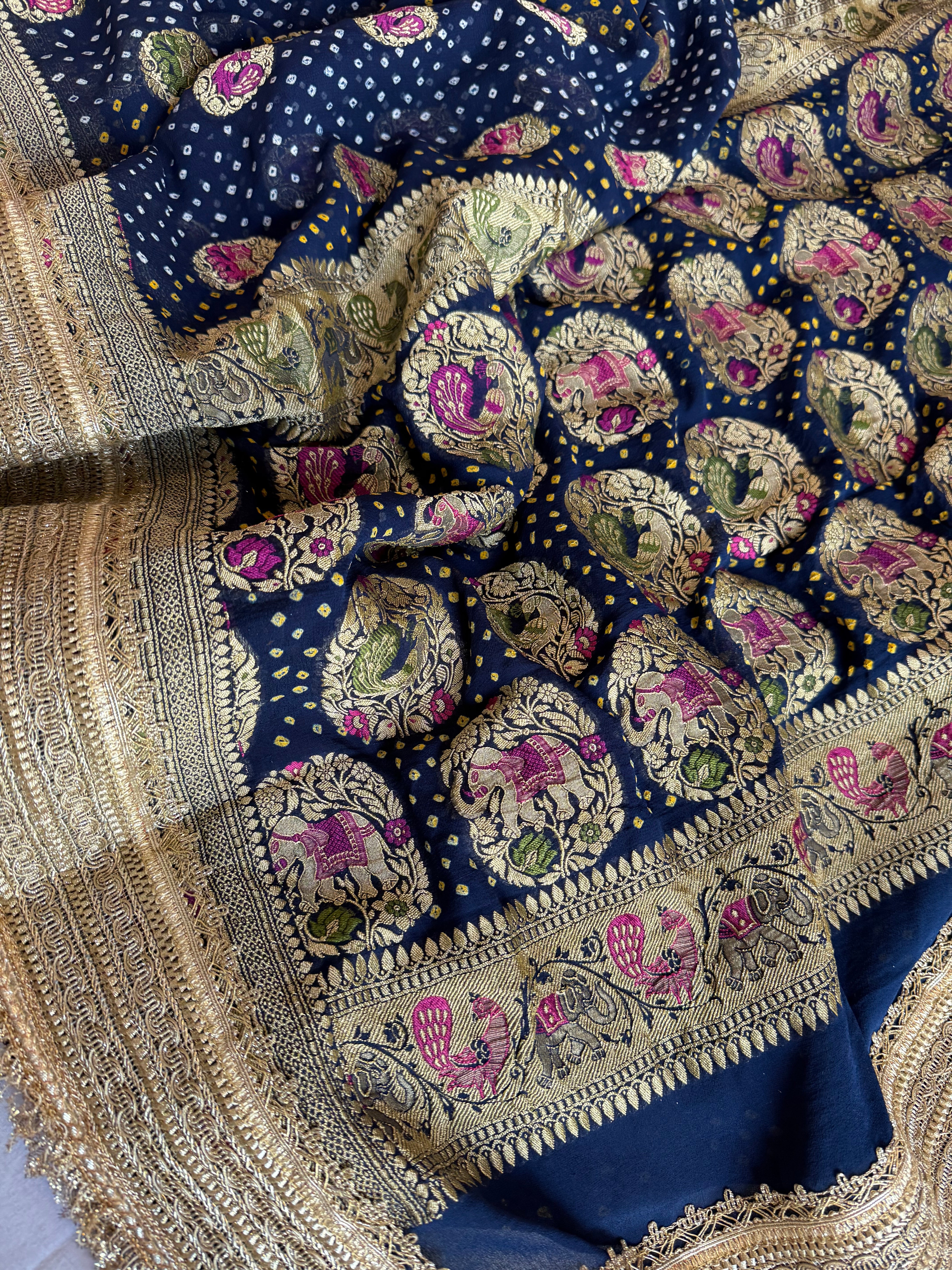 Persian blue banarasi gorgette kadhwa meenakari bandhej saree
