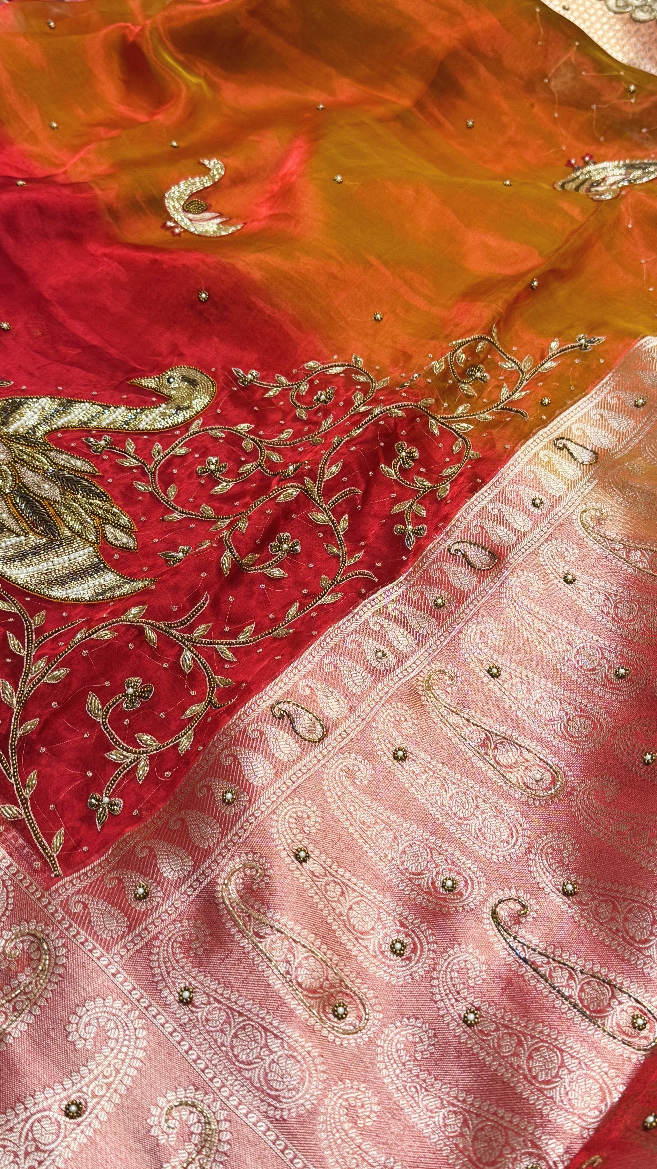 Karwachauth special - Red orange ombre shaded tissue silk duck motif hand embroidered saree