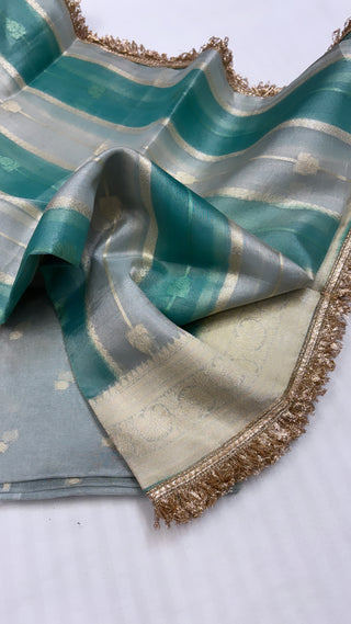 Pure banarasi torquoise green rangkaat duppata kadhwa handwoven tissue silk suit set with gotapatti work on duppata