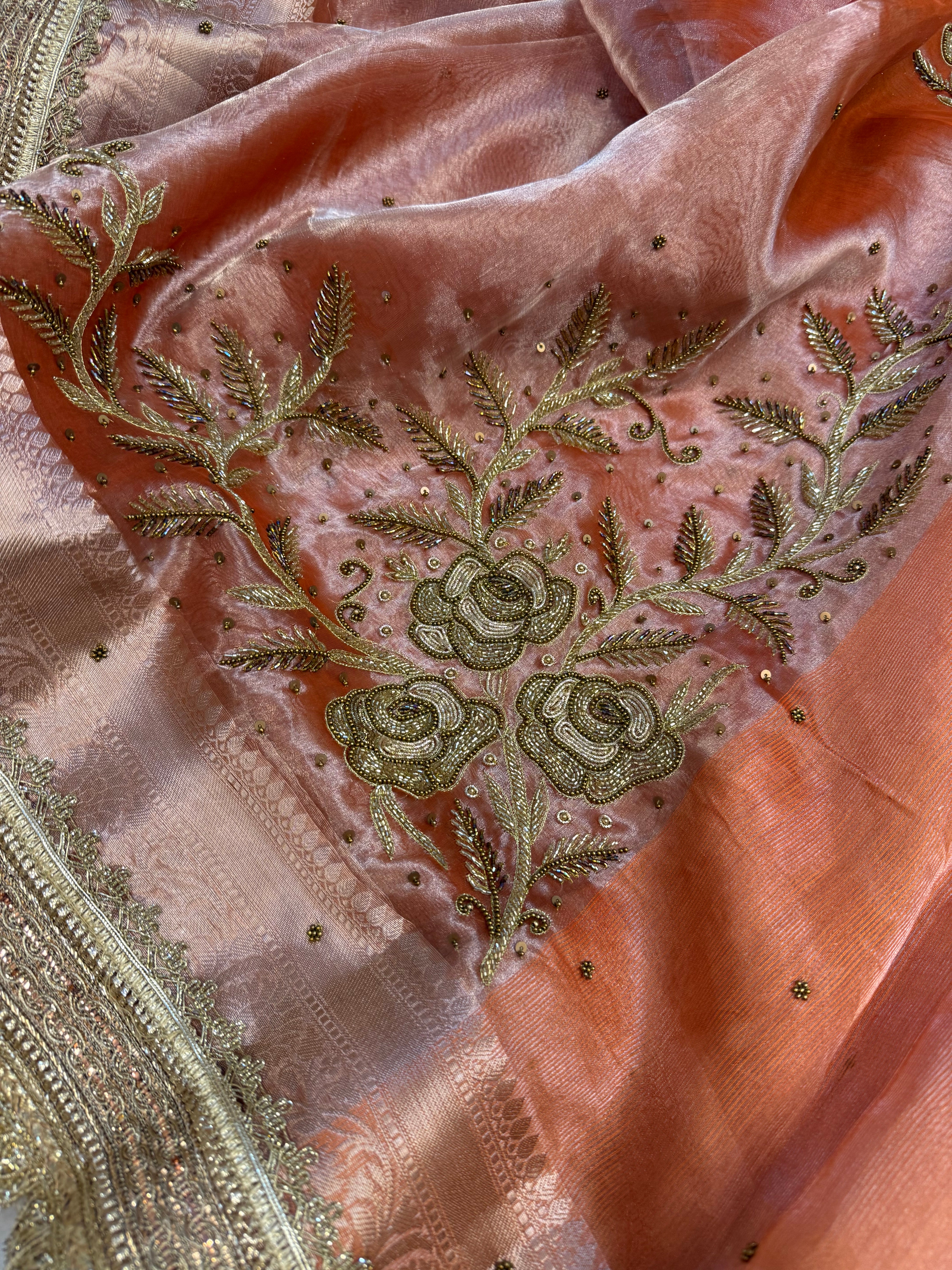 Cocktail edit sarees - Peach tissue silk heavy hand embroidered sarees