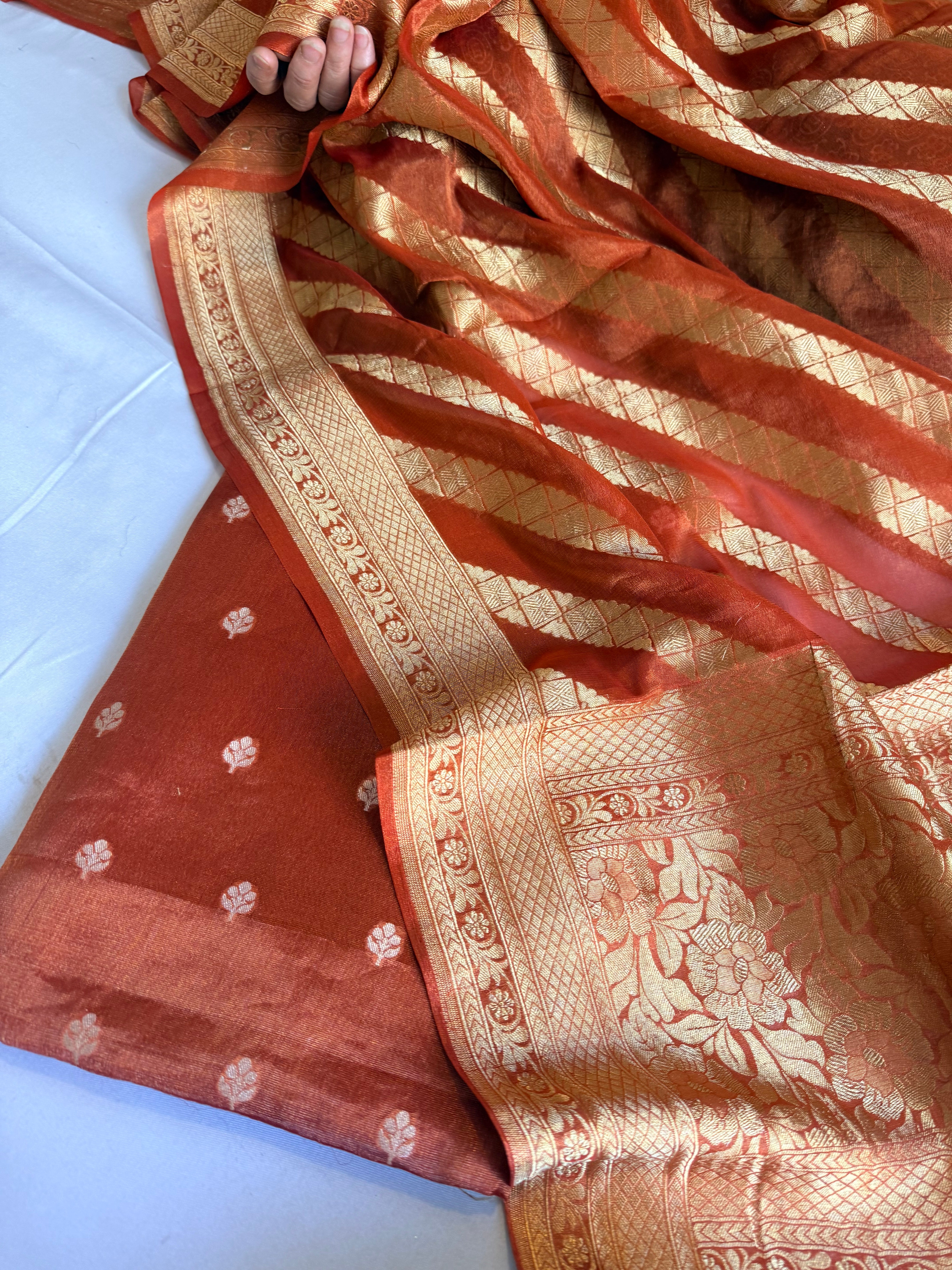 Rust orange tissue gorgette kadhwa buti banarasi suit set