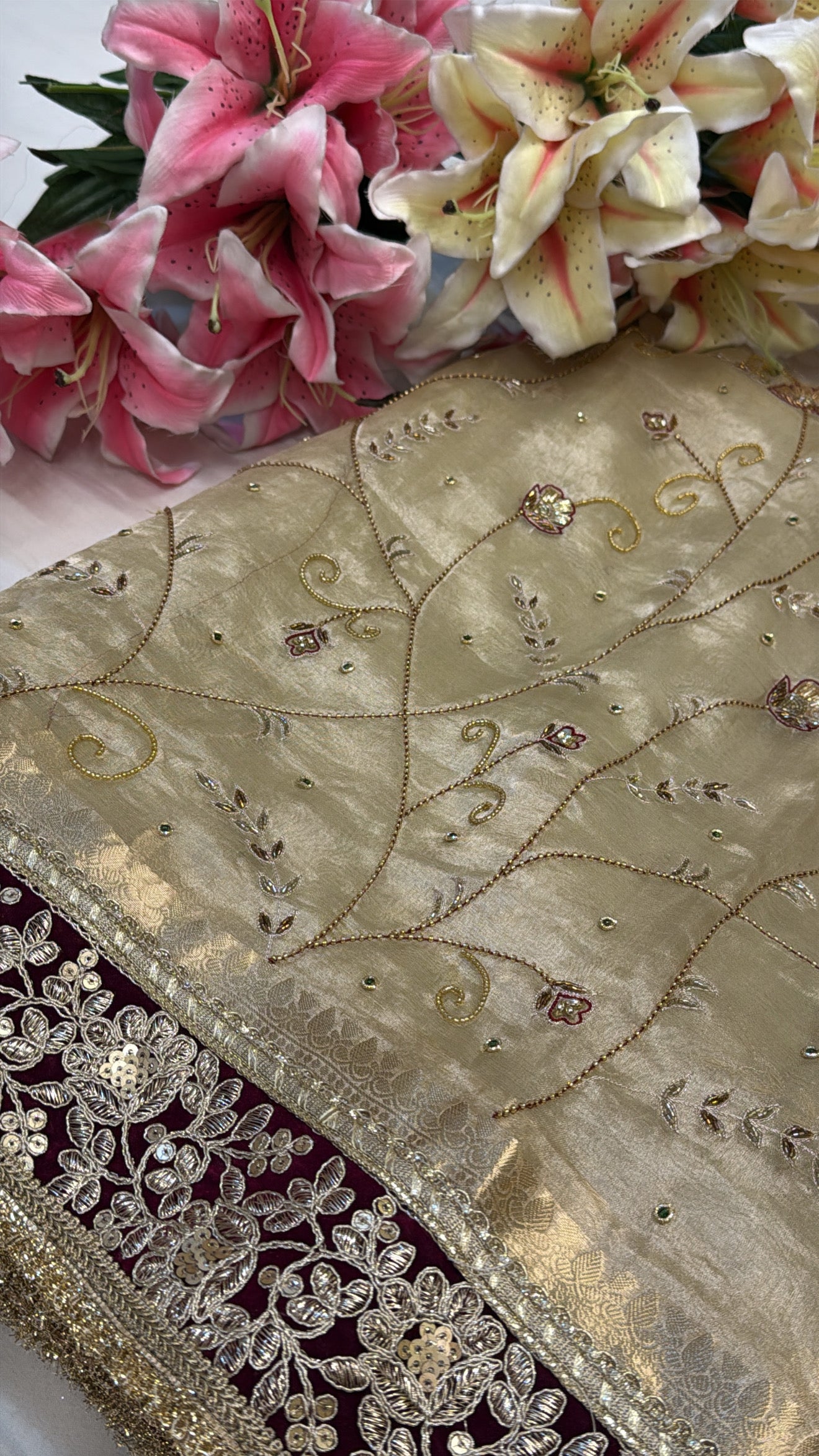 Molten gold husn tissue silk hand embroidered kadhwa saree