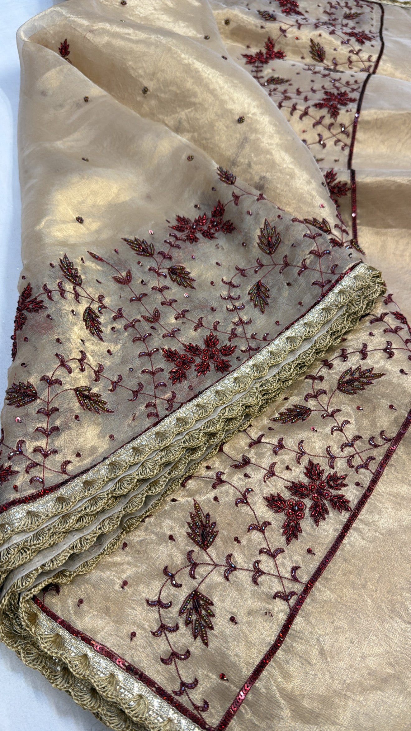 Golden husn tissue silk red meenakari hand embroidered kadhwa saree