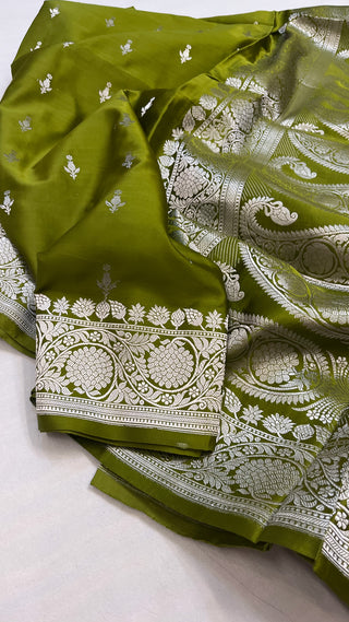 Mehendi green banarasi mashru silk kadhwa buti saree