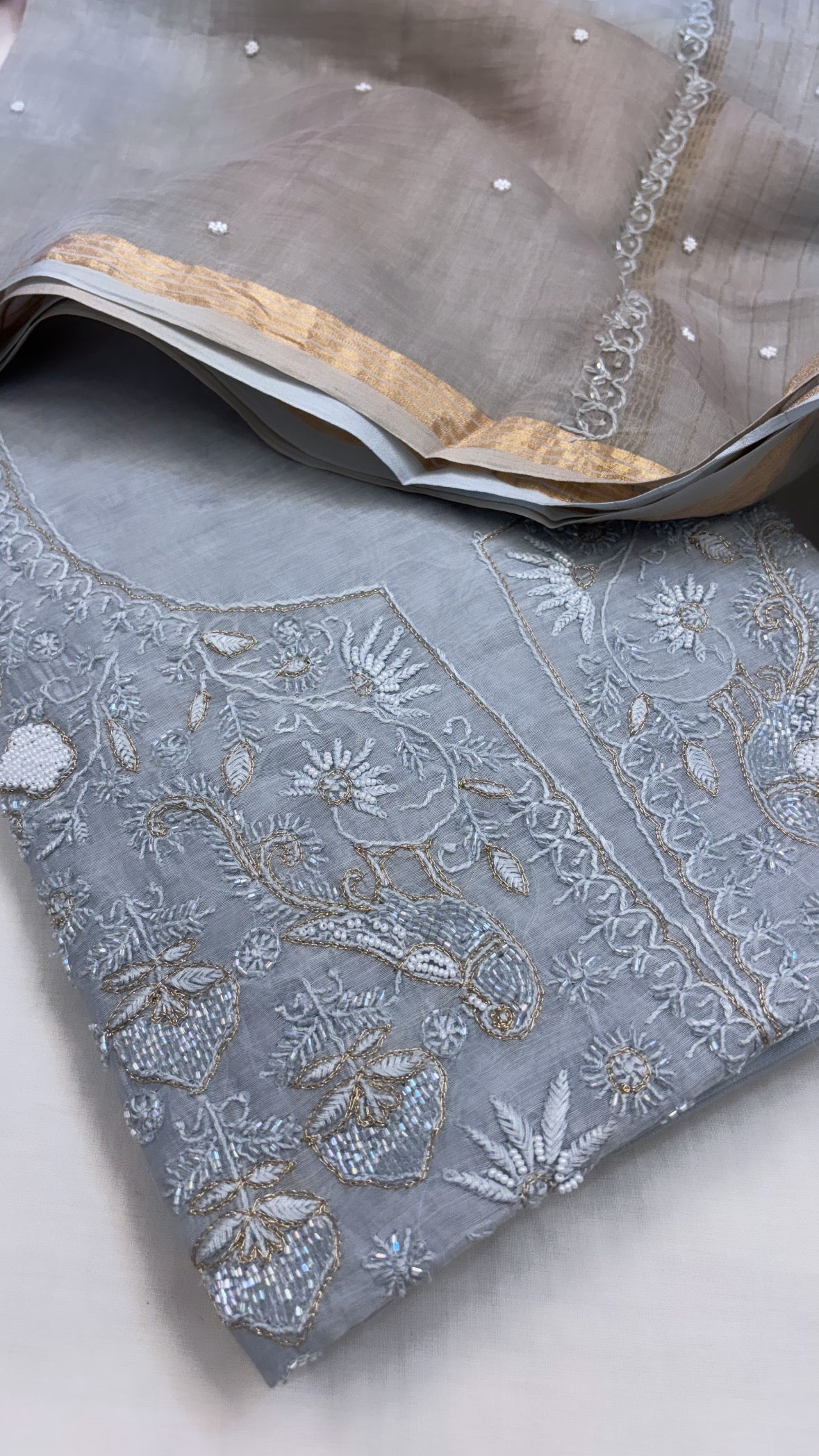 Pure Banarasi handloom premium cotton kadhwa lucknowi chikankari hand embroidered suit set with intricately hand embroidered motifs and ombre shaded duppata set