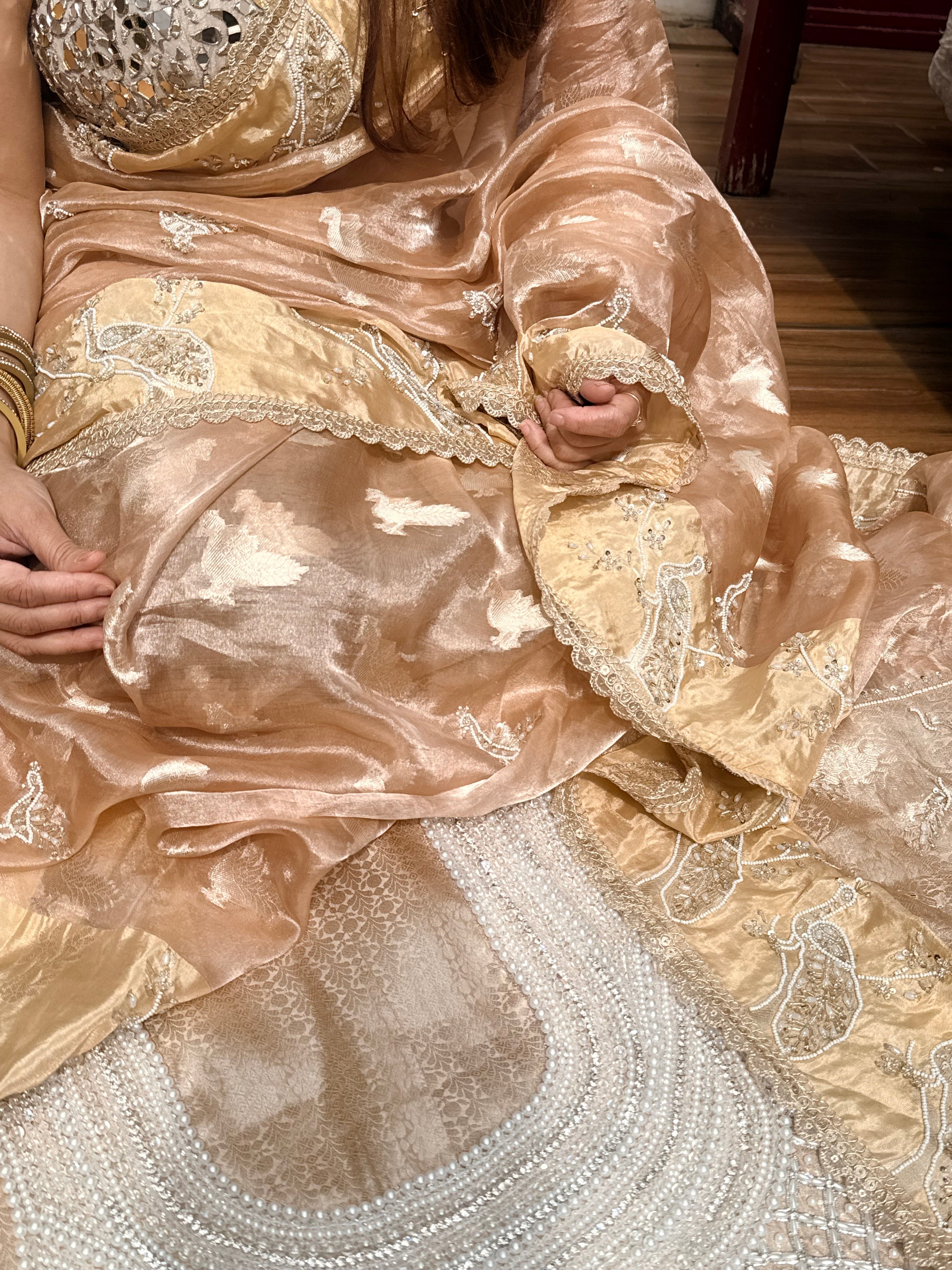 Tyohaar edit - Pearlwork morni hand embroidered tissue silk kadhwa saree