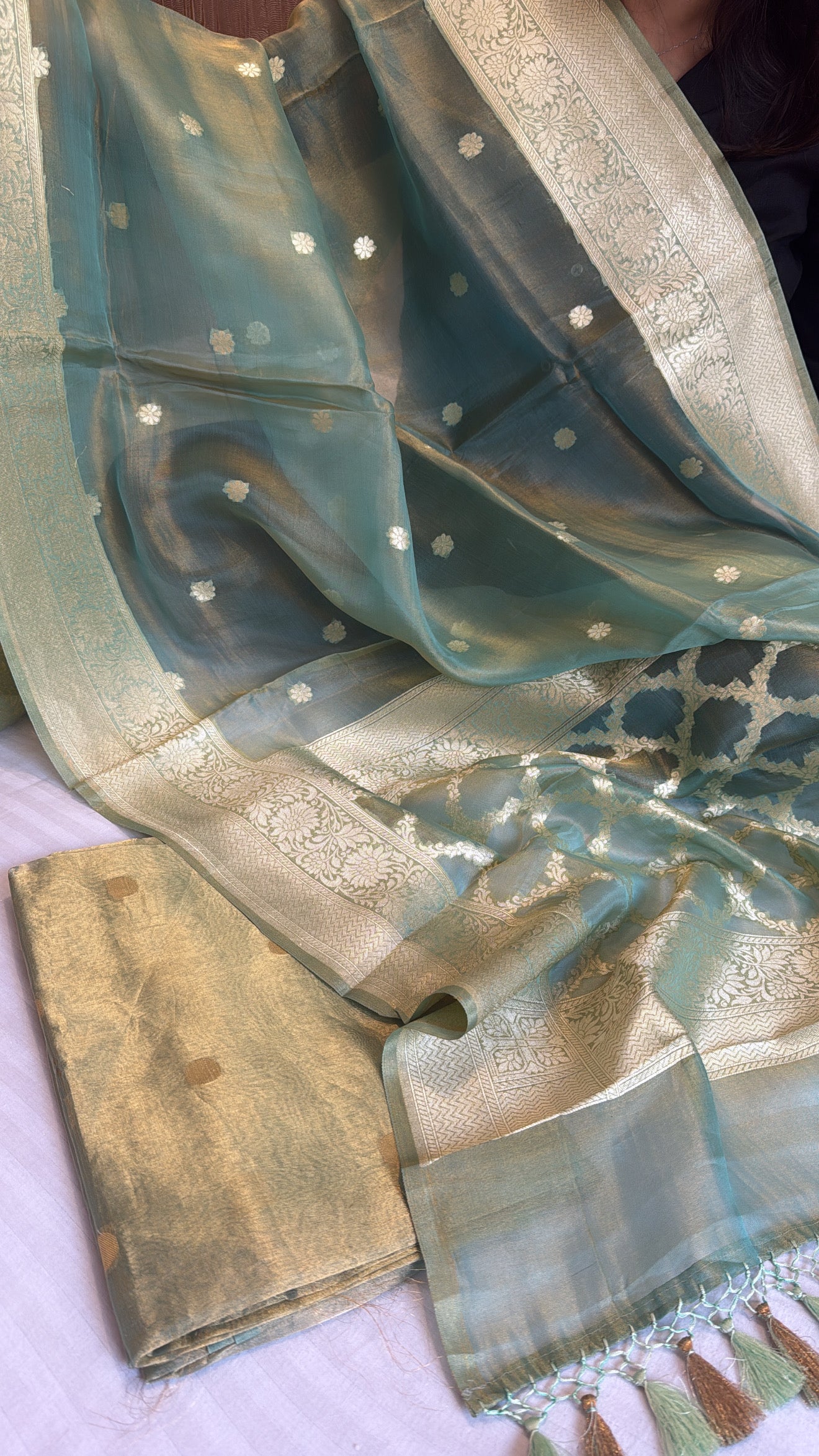 Kanjivaram Sage green tissue silk handloom kadhwa suit set