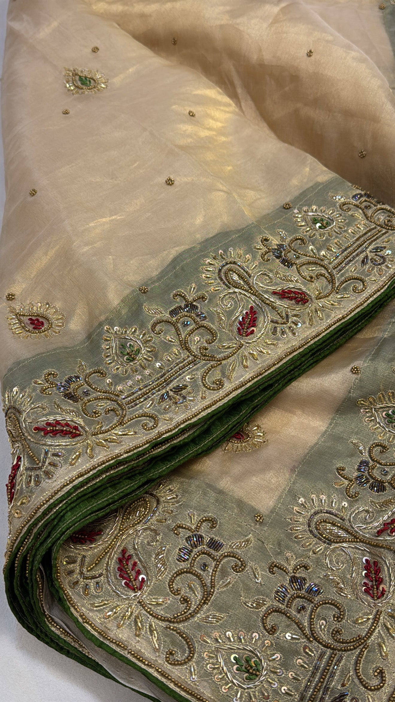 Golden zardozi heavy hand embroidered husn tissue silk contrast border saree