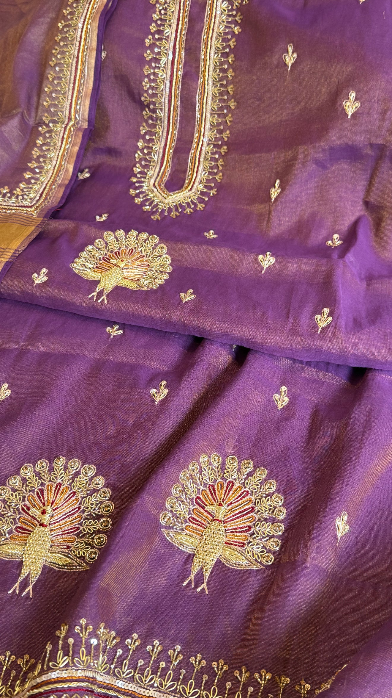 Deep purple mul cotton tissue silk hand embroidered kadhwa suit sets