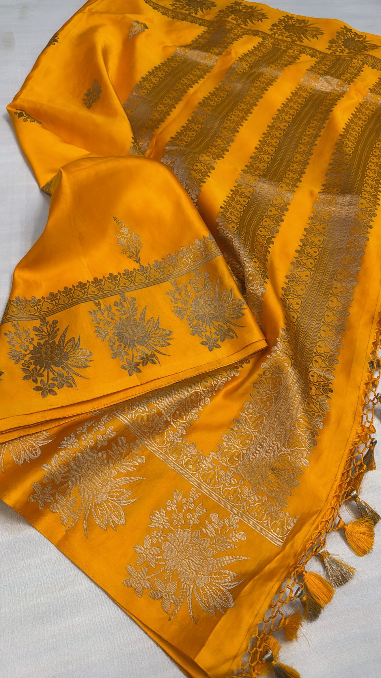 Mashru satin silk haldi yellow shade banarasi saree