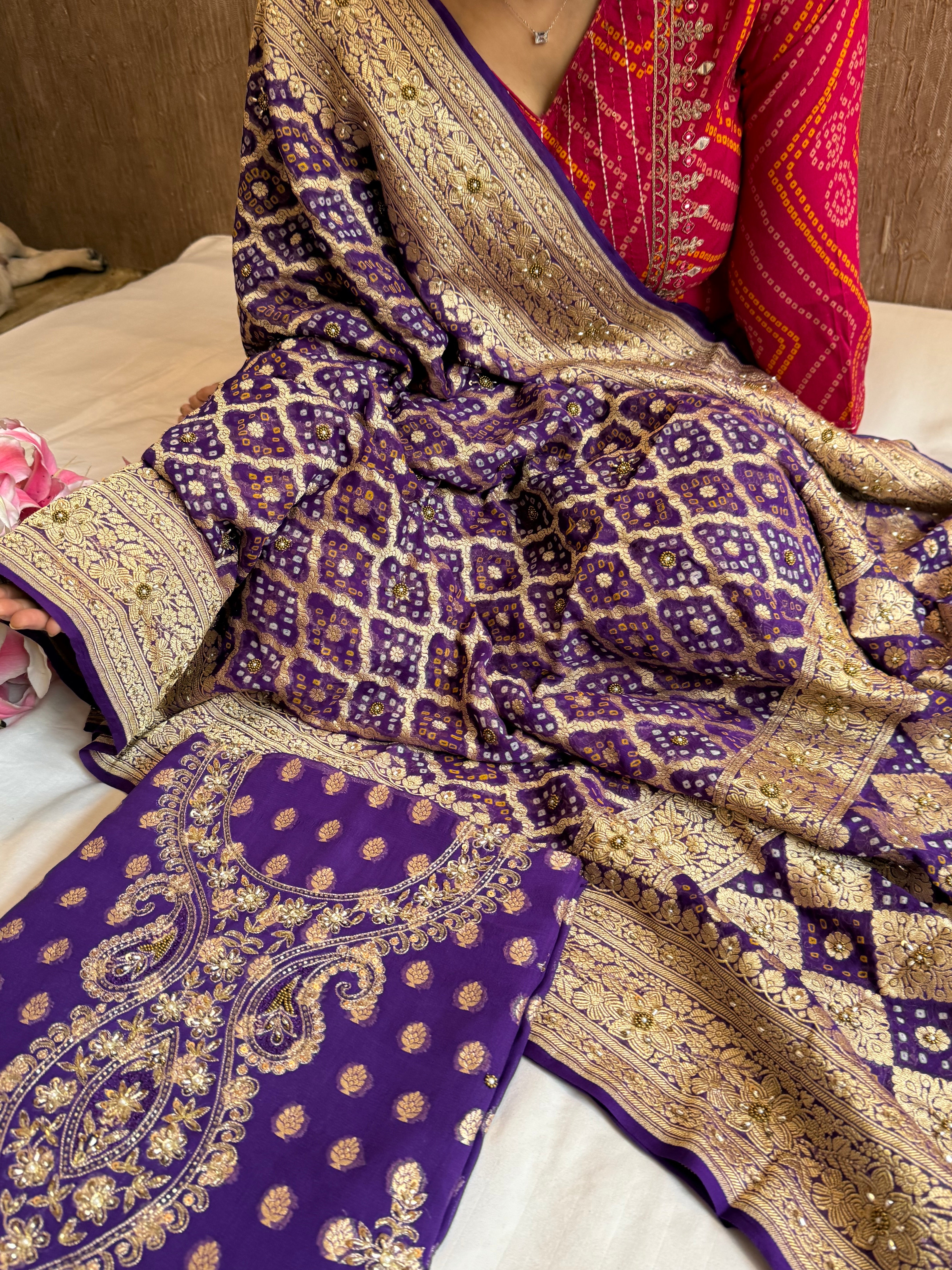 Deep purple rai bandhej Banarasi gorgette kadhwa hand embroidered suit set