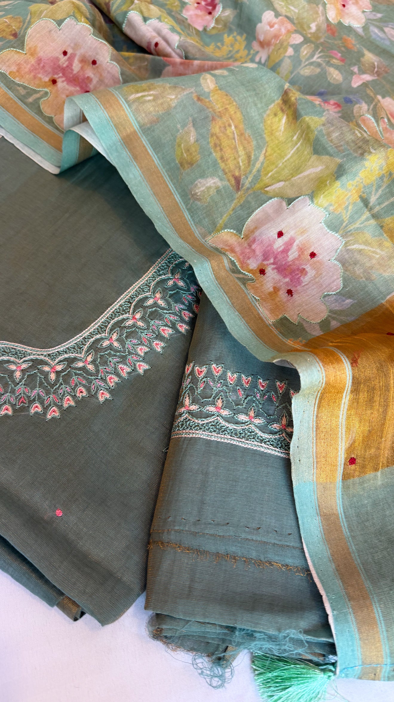 Mint green resham hand embroidered mul cotton suit set