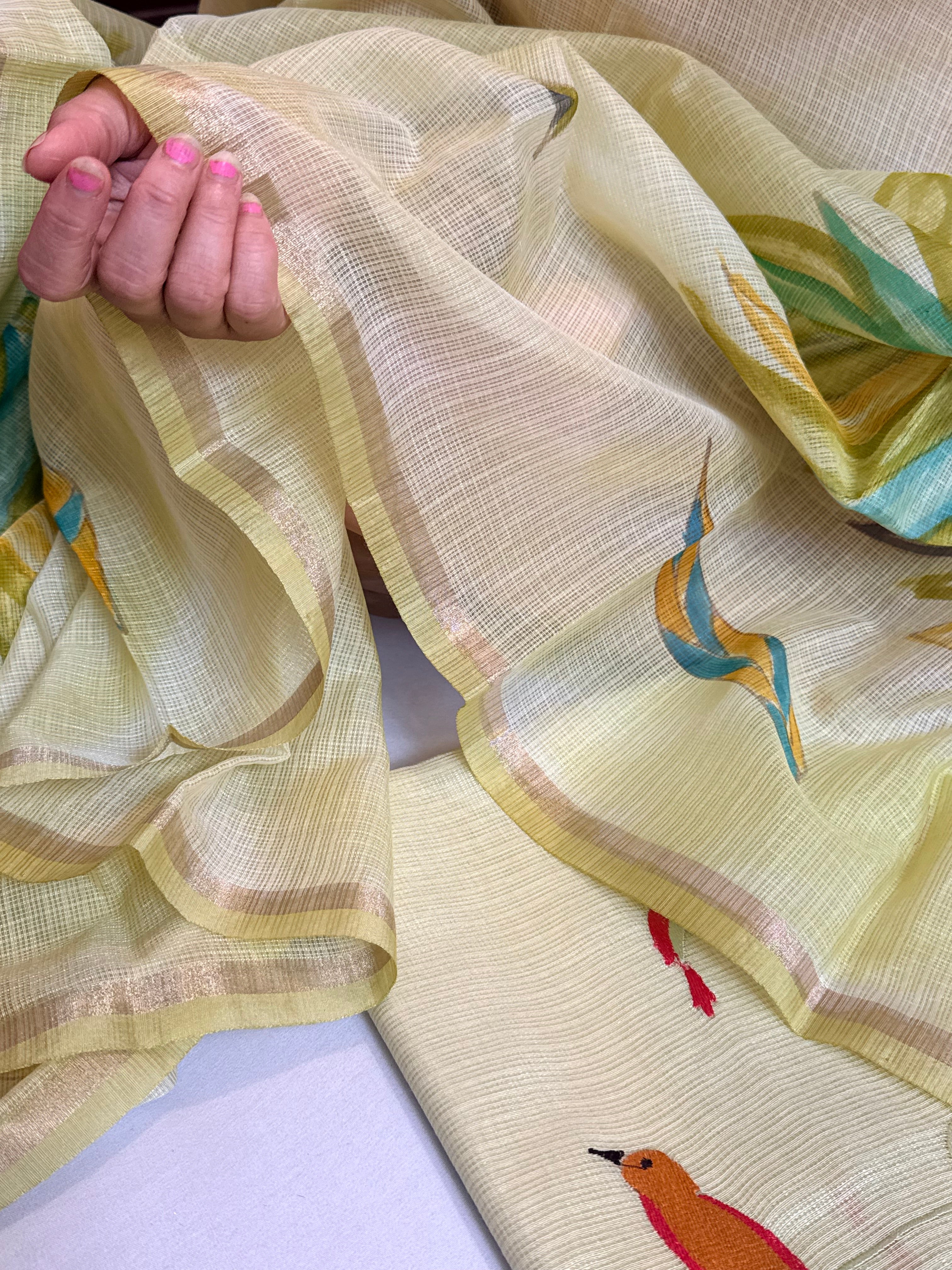 BELOW 8K - Lime shade cotton kota silk resham work banarasi suit set