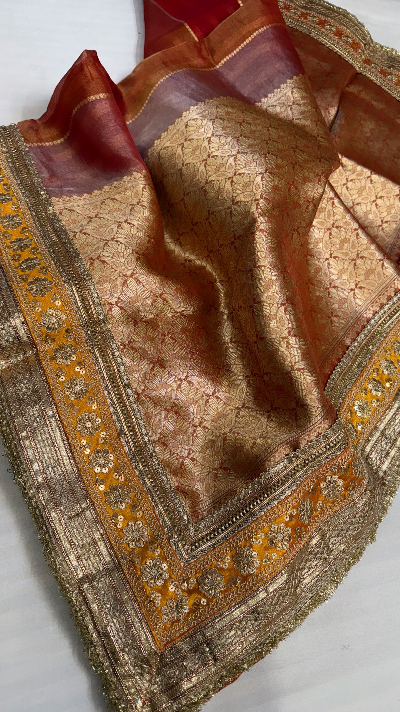 Maharani tomato red tissue silk kadhwa striped saree