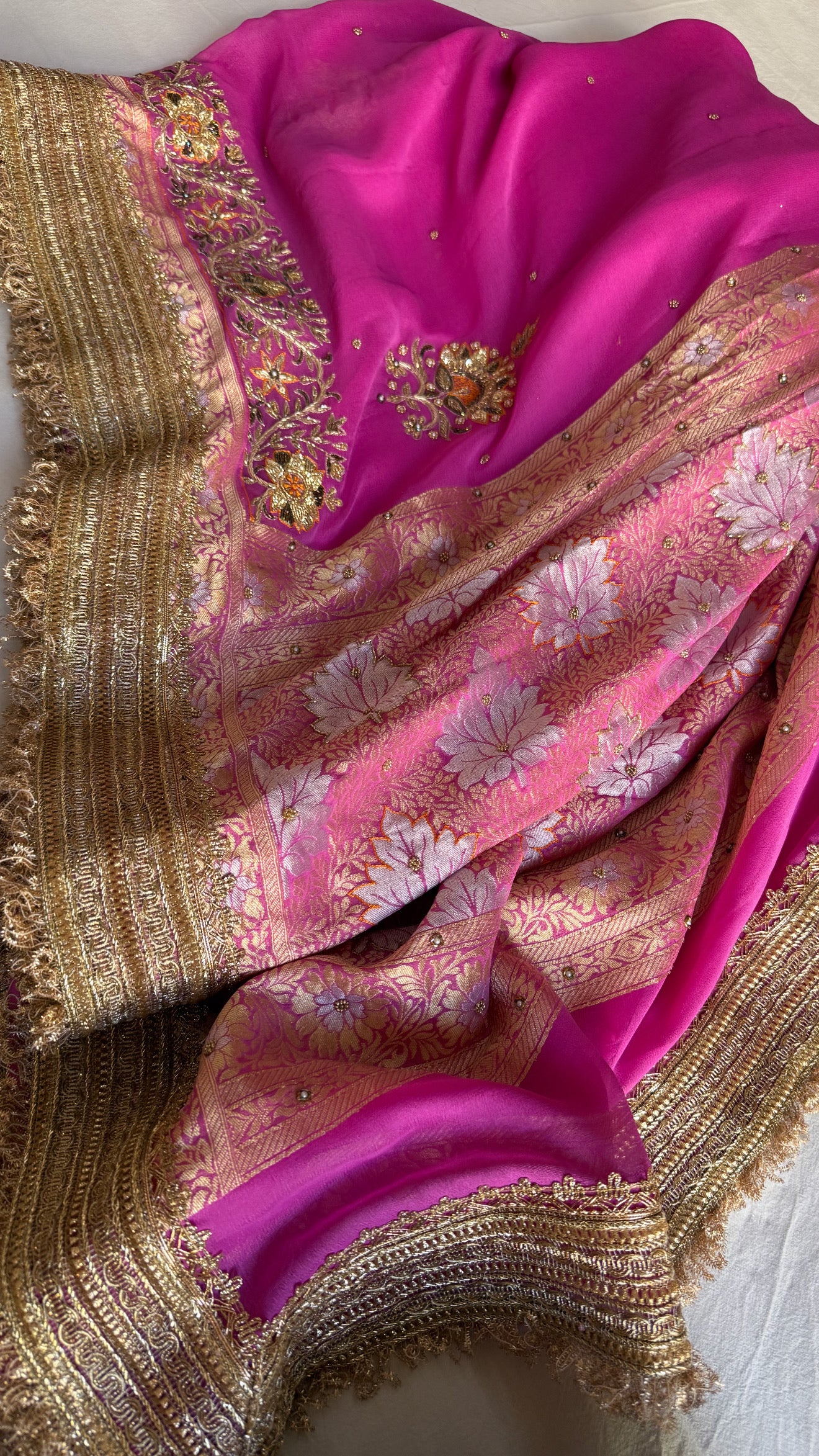 Hot pink gorgette kadhwa hand embroidered sona rupa saree