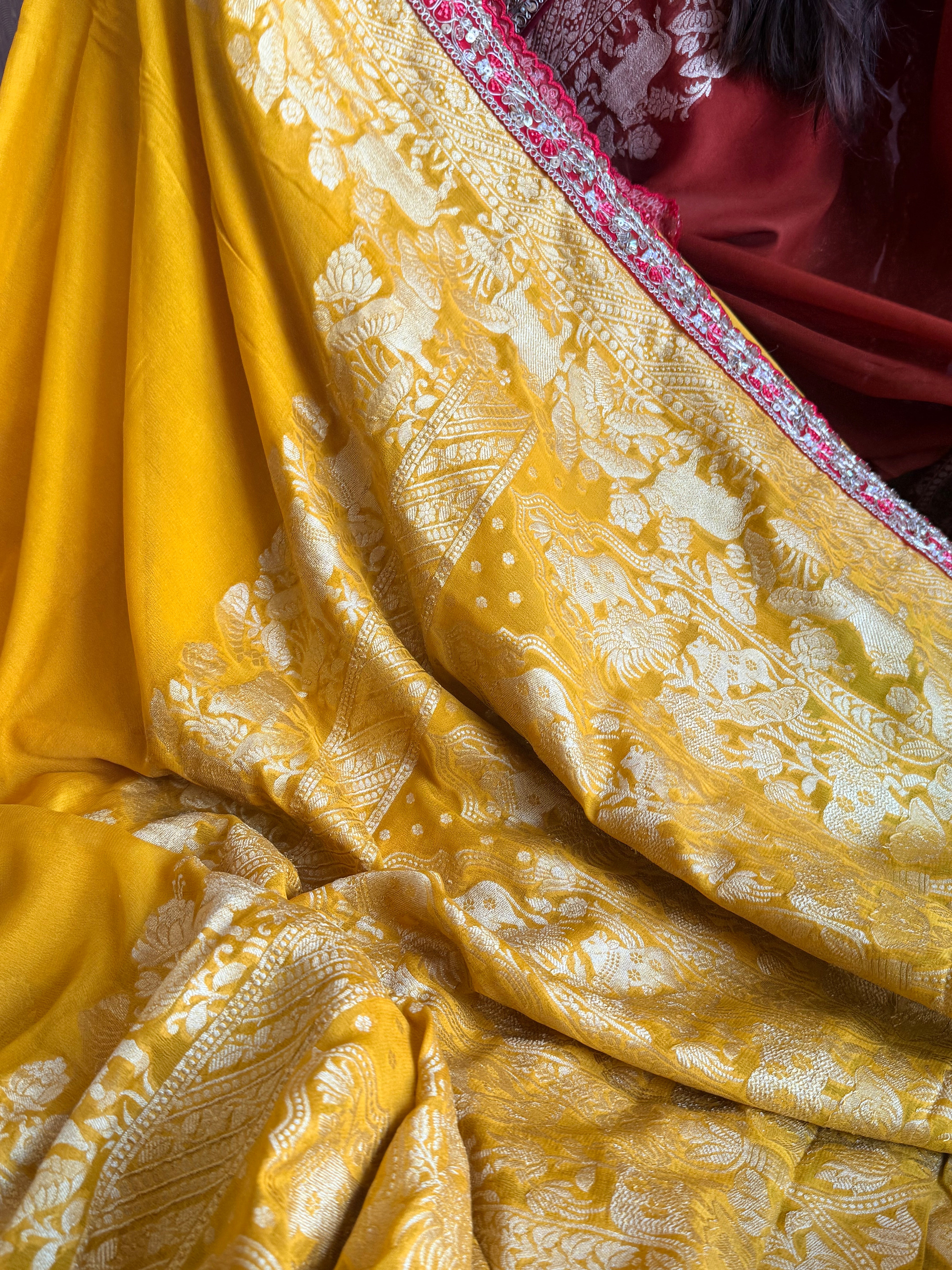 Haldi yellow shikargah kadhwa border chiffon gorgette banarasi saree