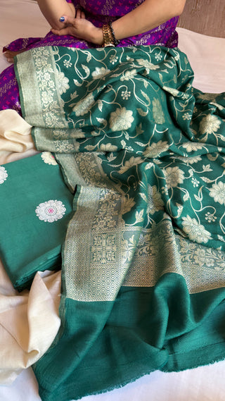 Bottle green moonga silk jaal duppata and chiniya silk meenakari kurta suit set