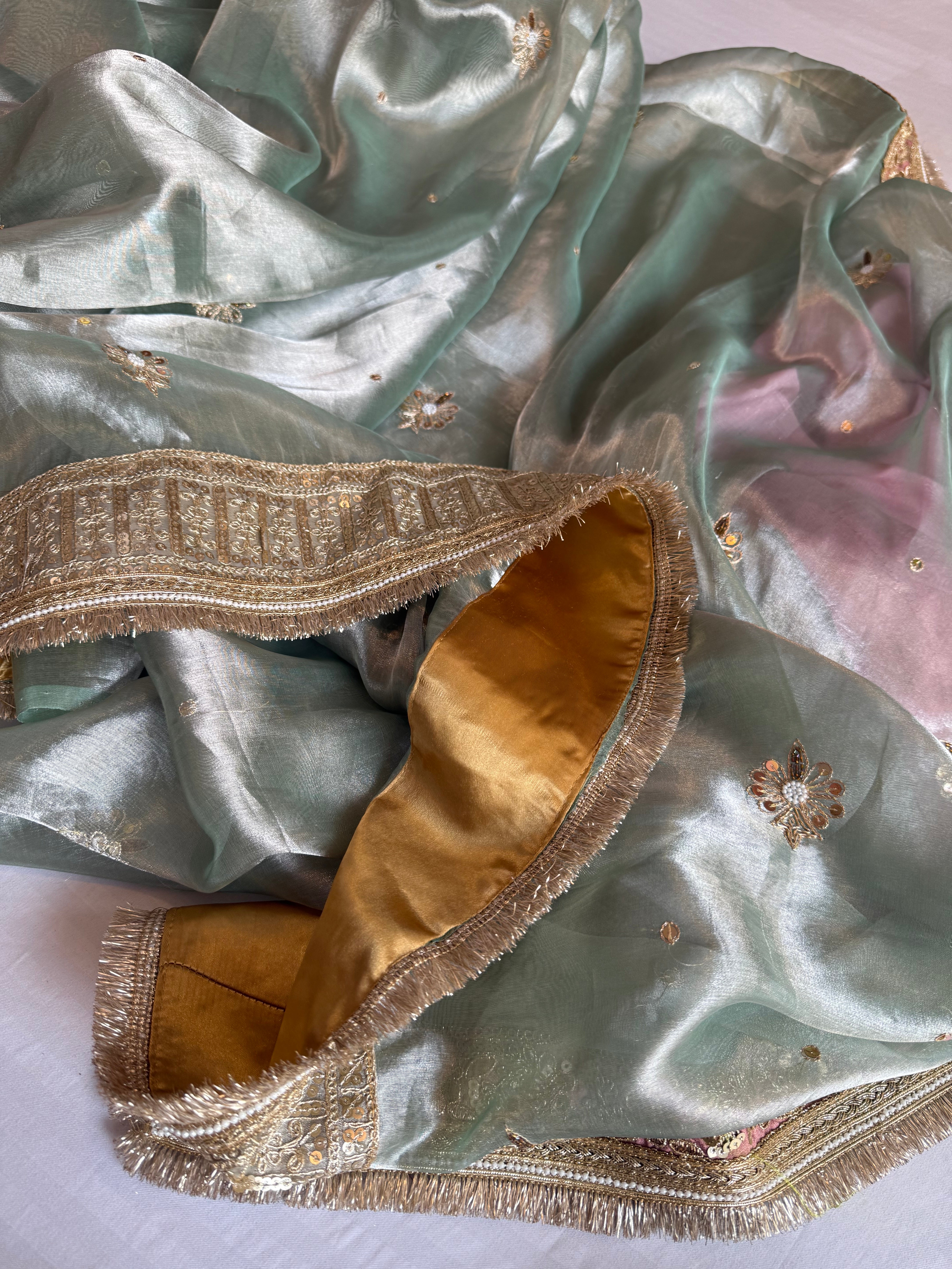 Hina khan inspired sage-green blush pink hand embroidered kadhwa tissue saree