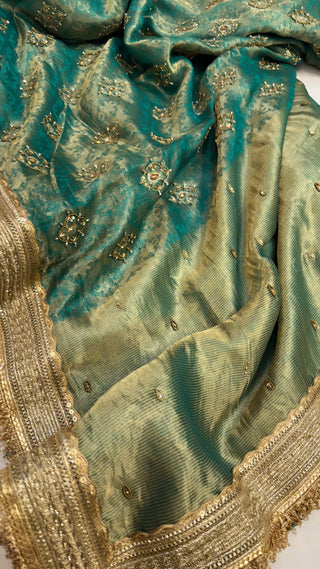 Cocktail wali saree - Teal green tissue silk heavy hand embroidered saree