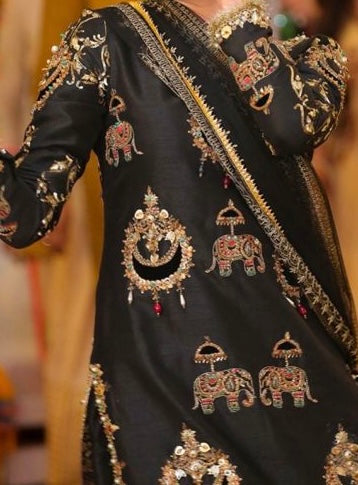 Black mashru silk elephant hand embroidery kurta with heavy hand embroidered duppata set
