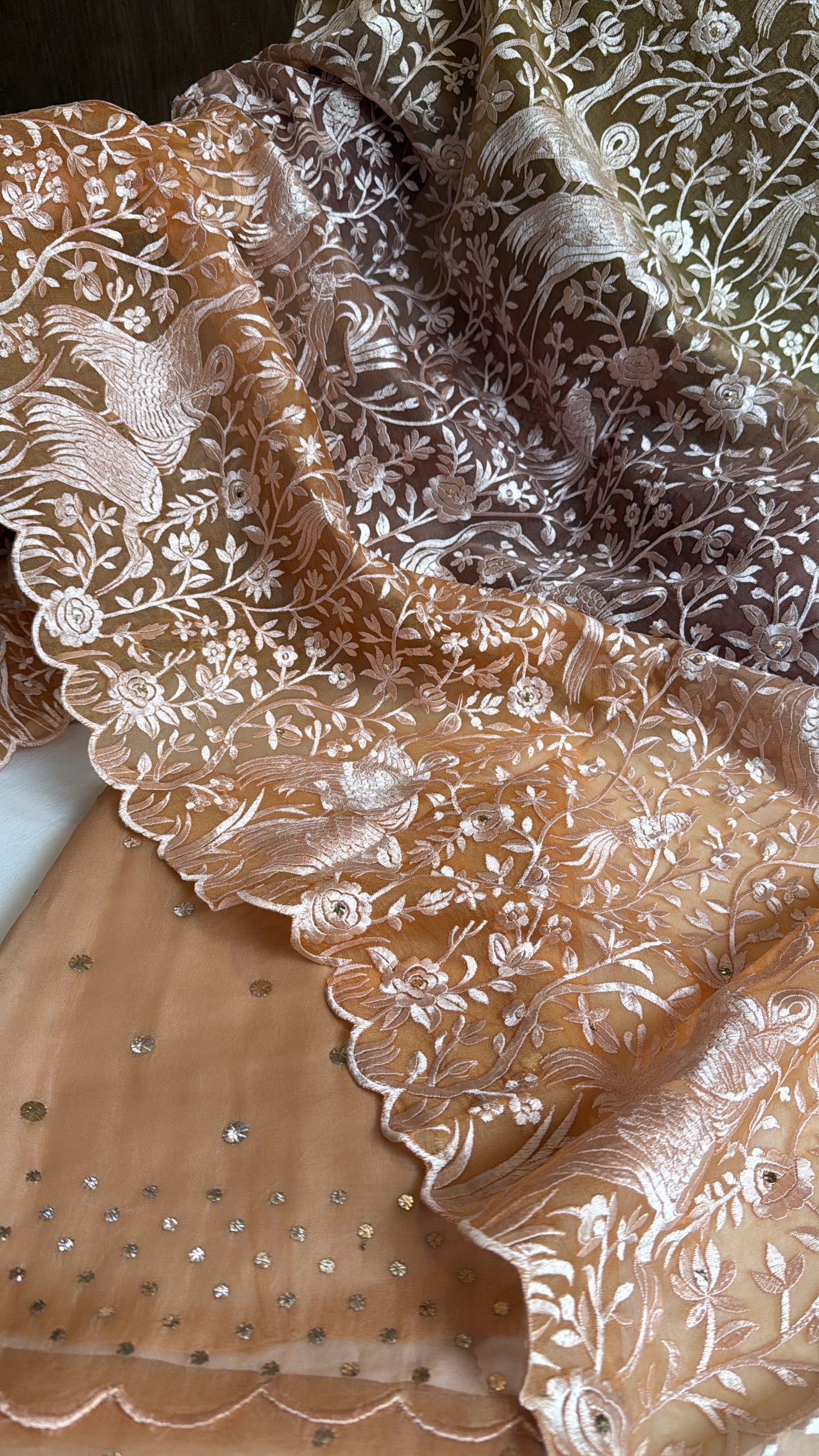 Shades of biscuit gold - Parsi gara kora silk resham and mukaish work hand embroidered suits