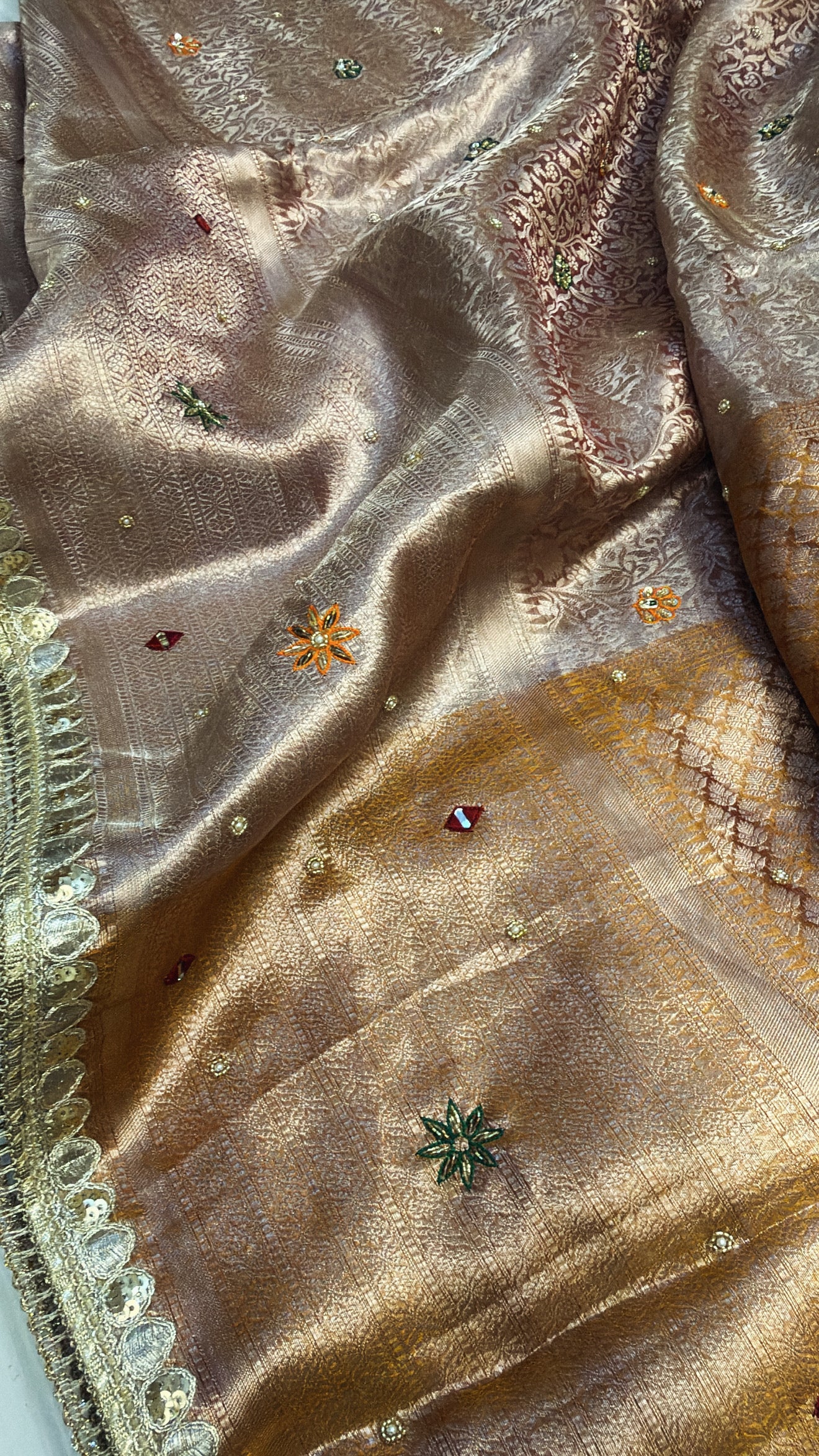 Wedding edit - Husn Soft orange tissue silk brocade shreenathji motif hand embroidered saree