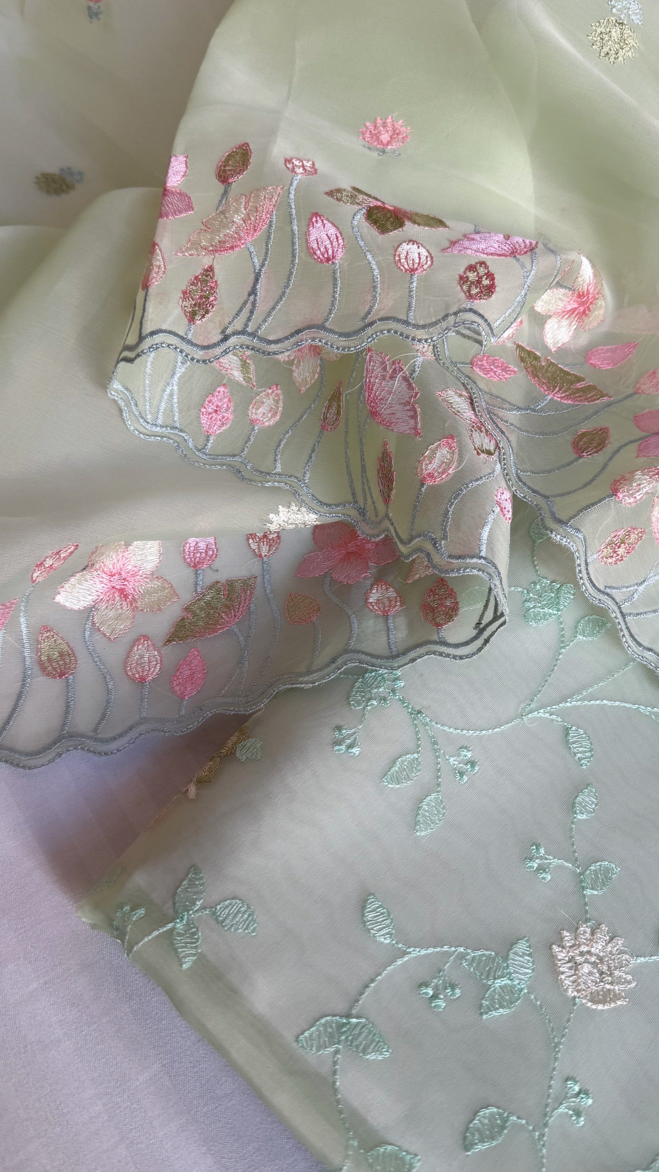 Mint green banarasi kora silk Parsi gara hand embroidered kadhwa suit set