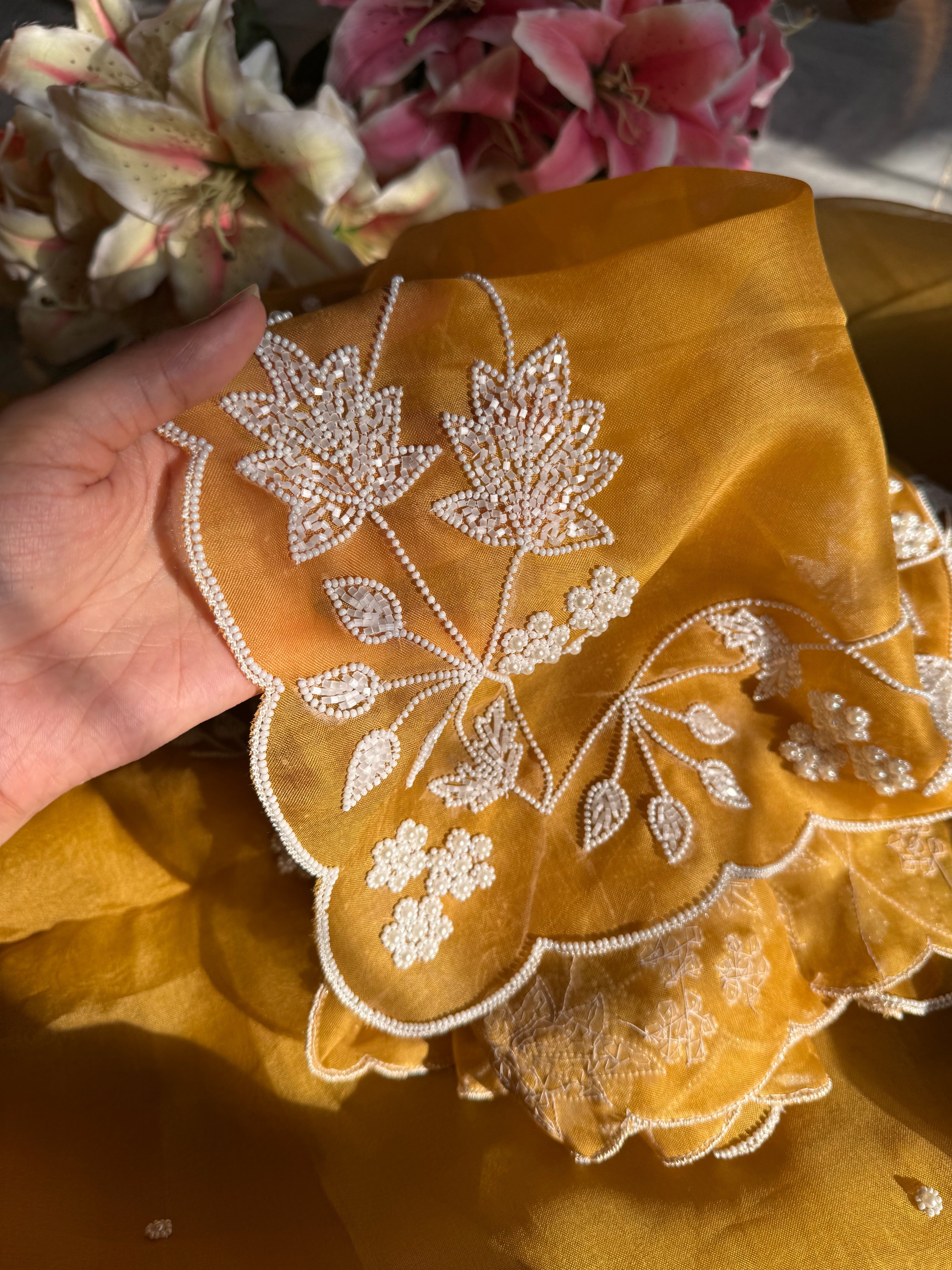 Mustard pearl work heavy hand embroidered kora silk suit set