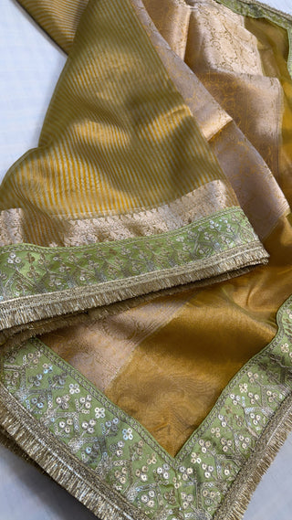 Lime green maharani tissue silk meenakari border saree