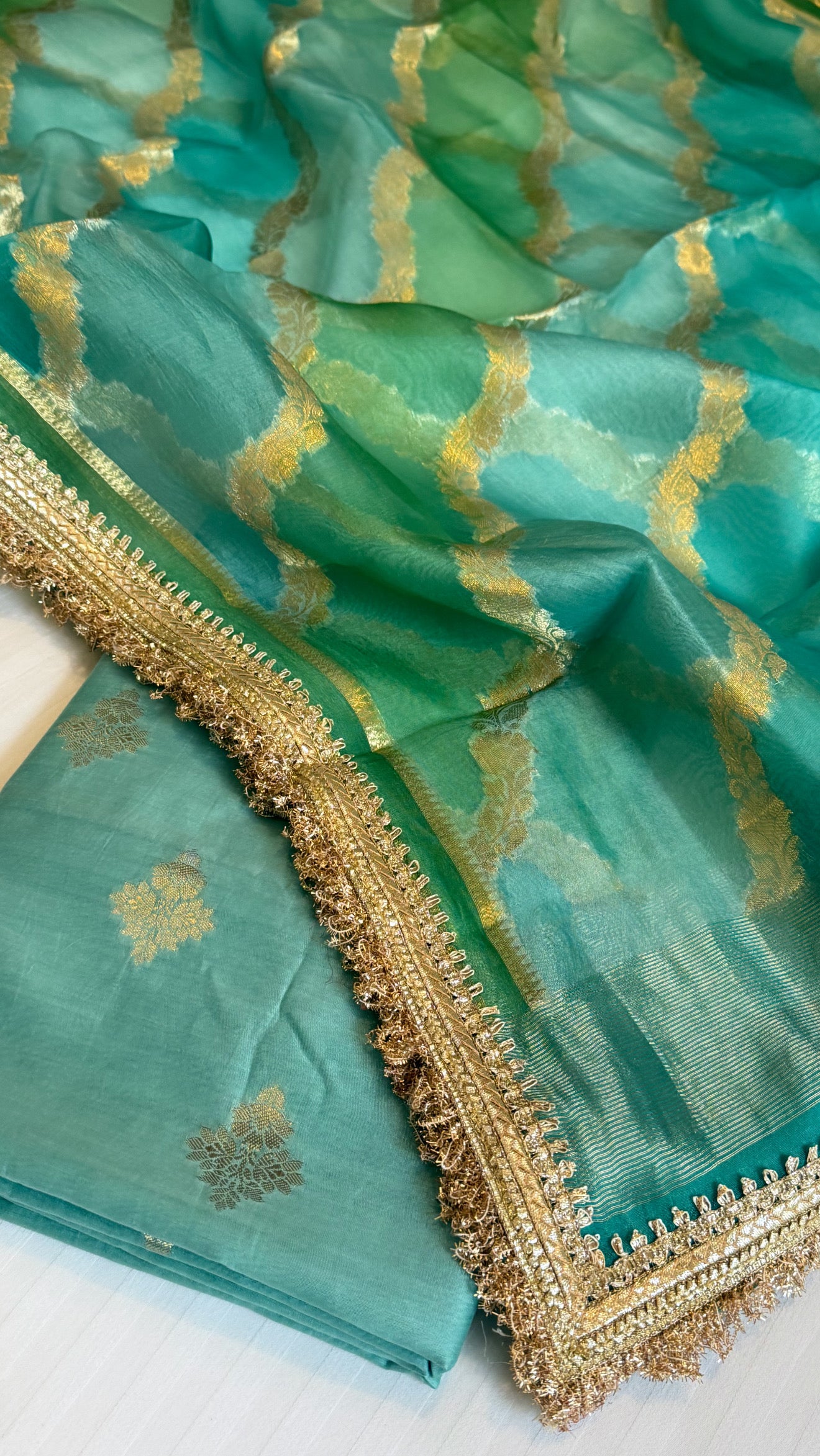 Shades of rama green - Kora silk rangkaat duppata paired with silk kurta set