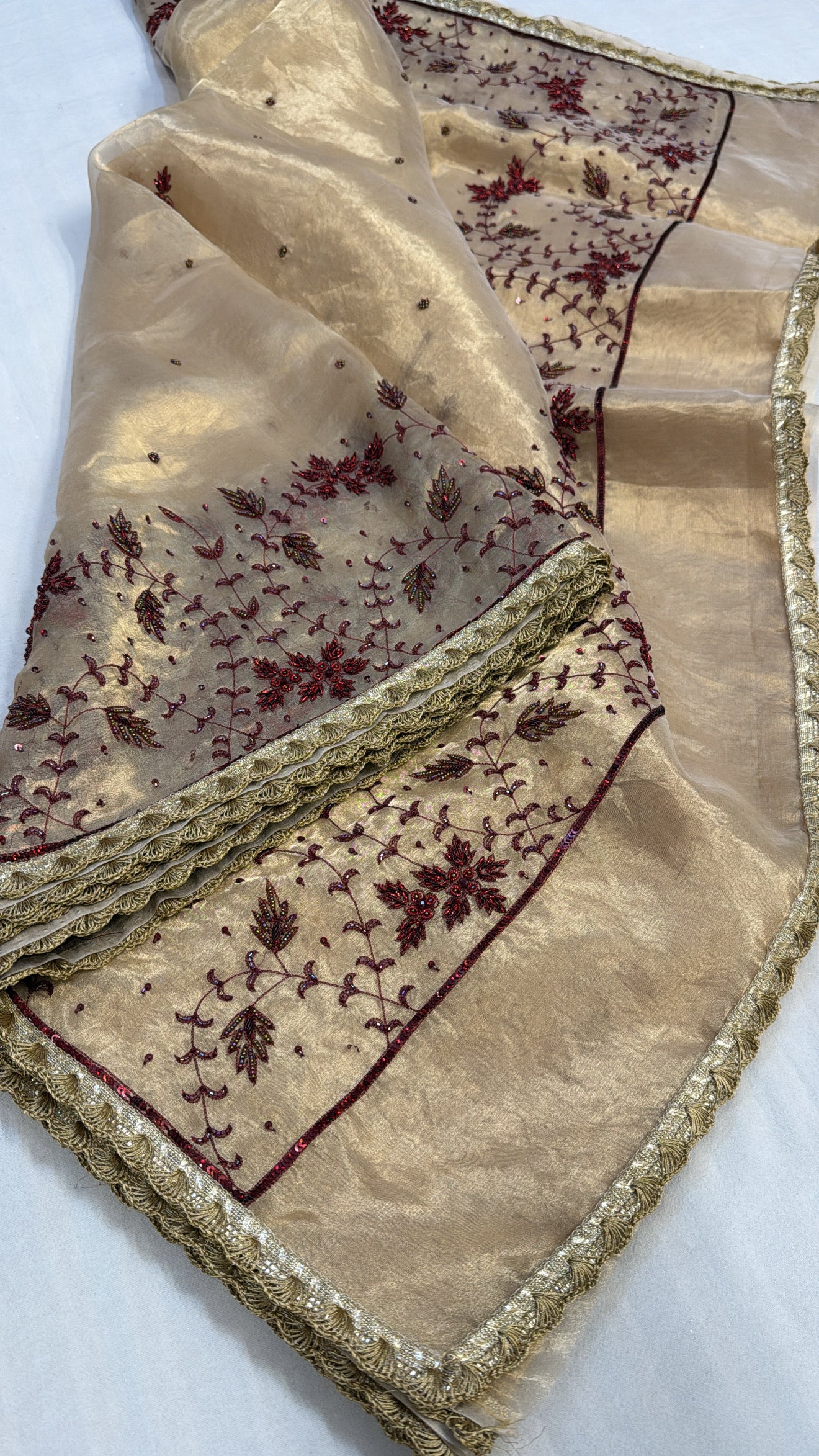 Golden husn tissue silk red meenakari hand embroidered kadhwa saree