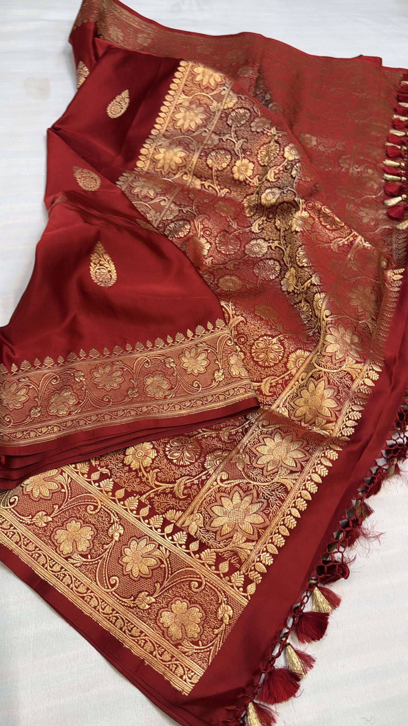 Mashru satin silk maroonish red banarasi saree