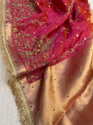 Cocktail wali saree - Strawberry pink tissue silk heavy hand embroidered saree