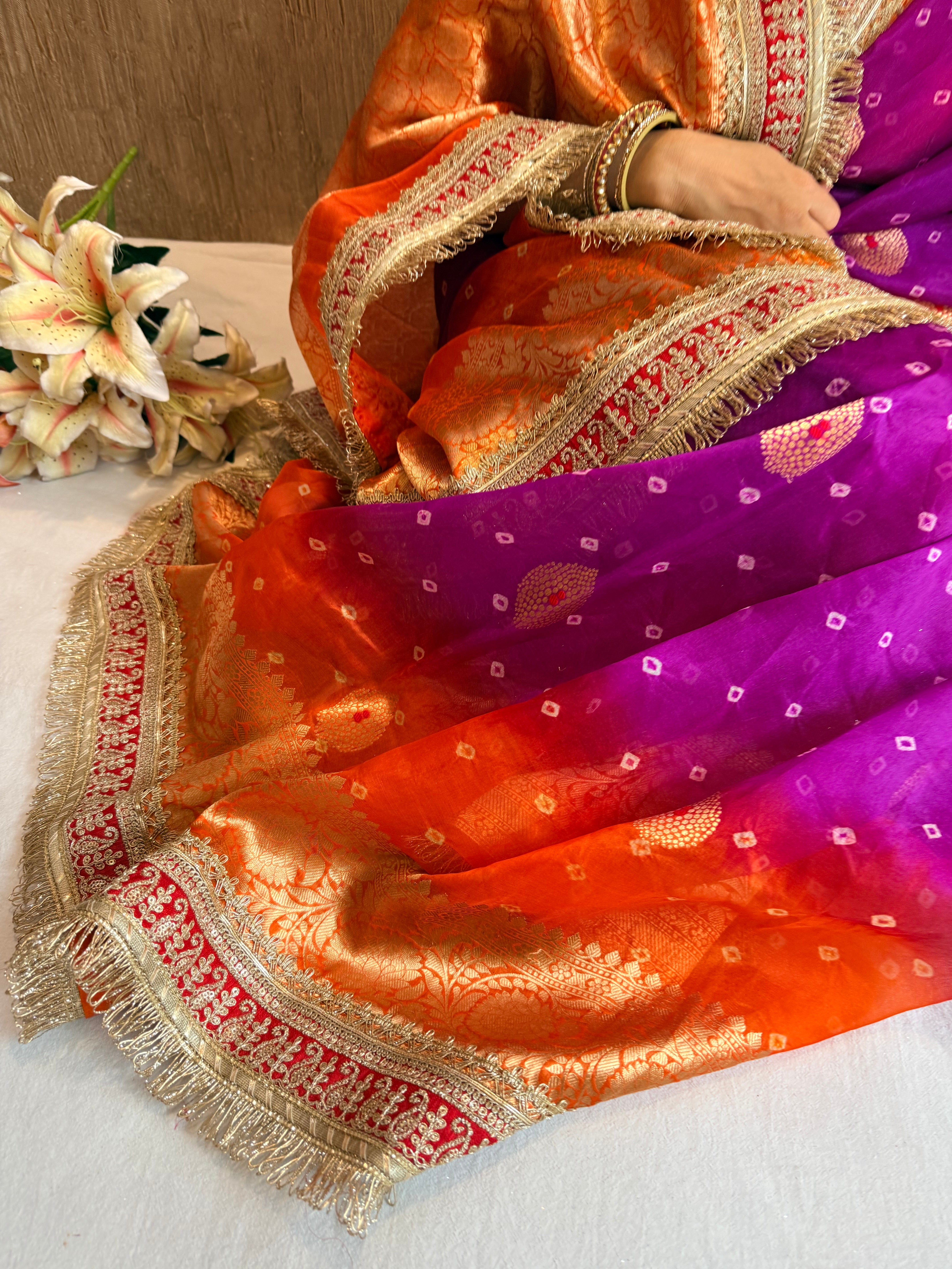 Mayra wali saree - Kora silk bandhej work meenakari gotapatti saree