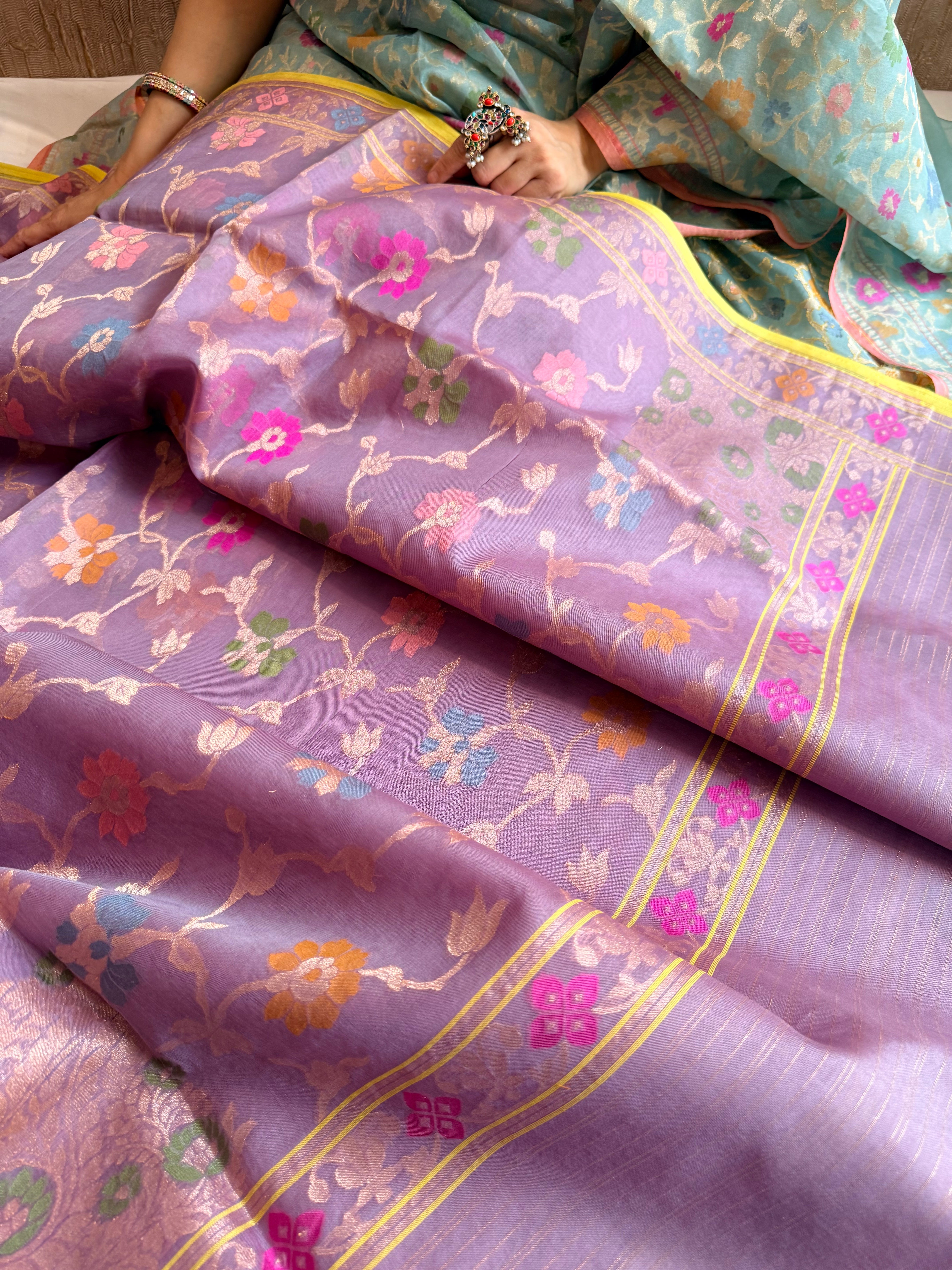 Banarasi kora silk net dusty lilac iktara jamdani kadhwa saree