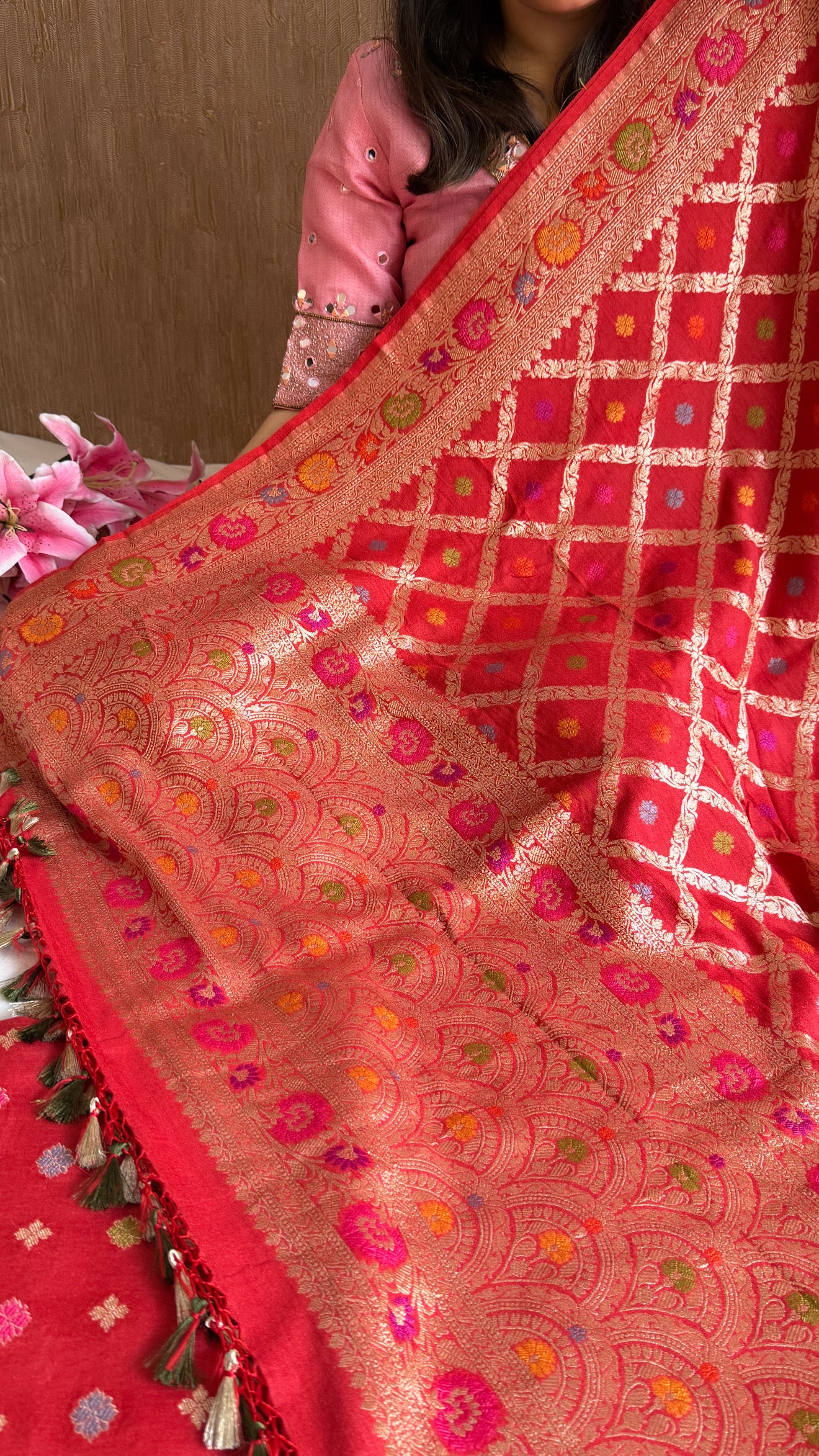 Moonga silk meenakari chaukadi duppata kadhwa jungla suit set