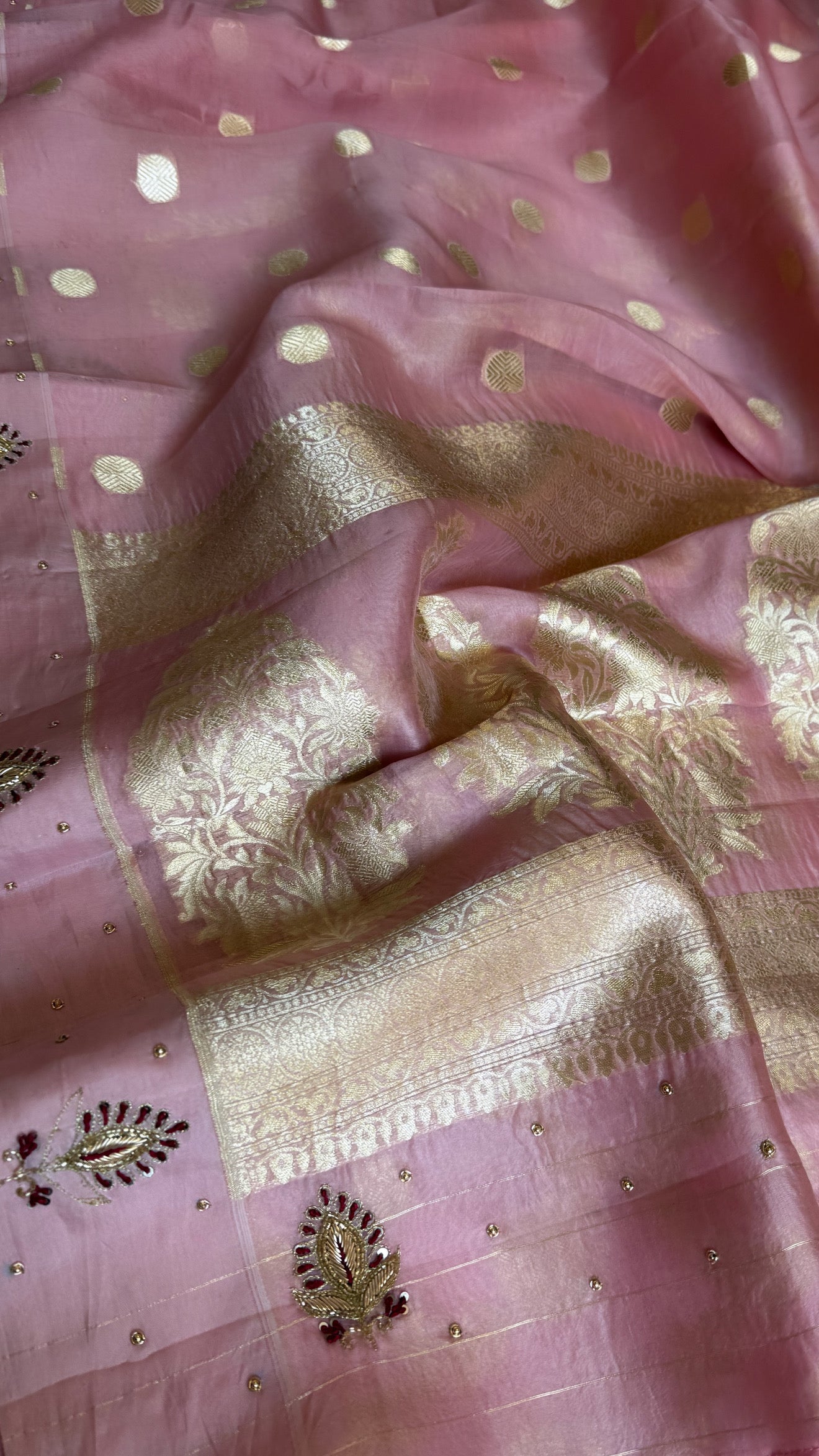 Blush pink banarasi kora silk hand embroidered kadhwa saree
