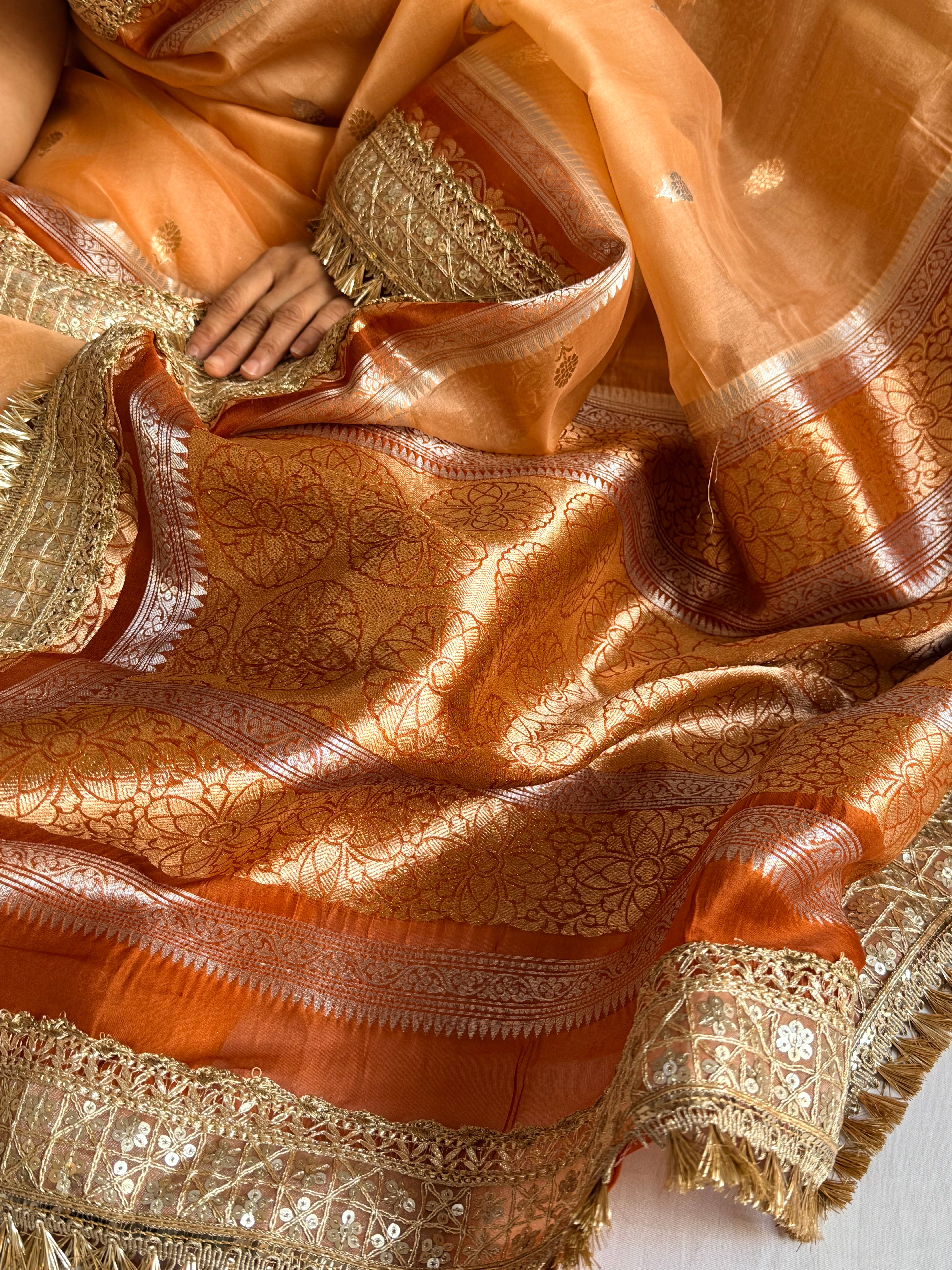 Leela banarasi kora silk peach-red combination saree