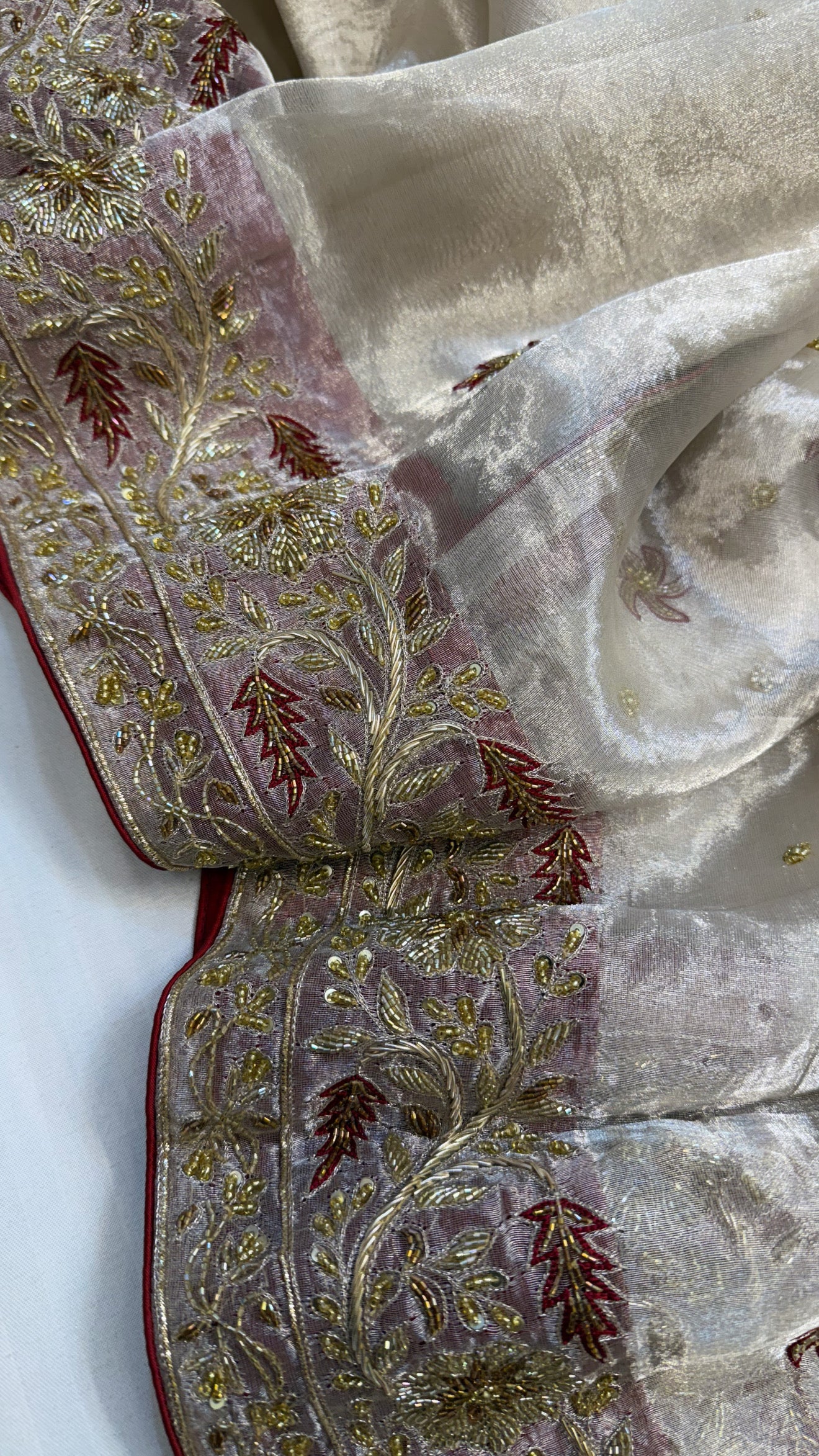 Gulab ki pankhuri husn tissue silk heavy zardozi border hand embroidered saree