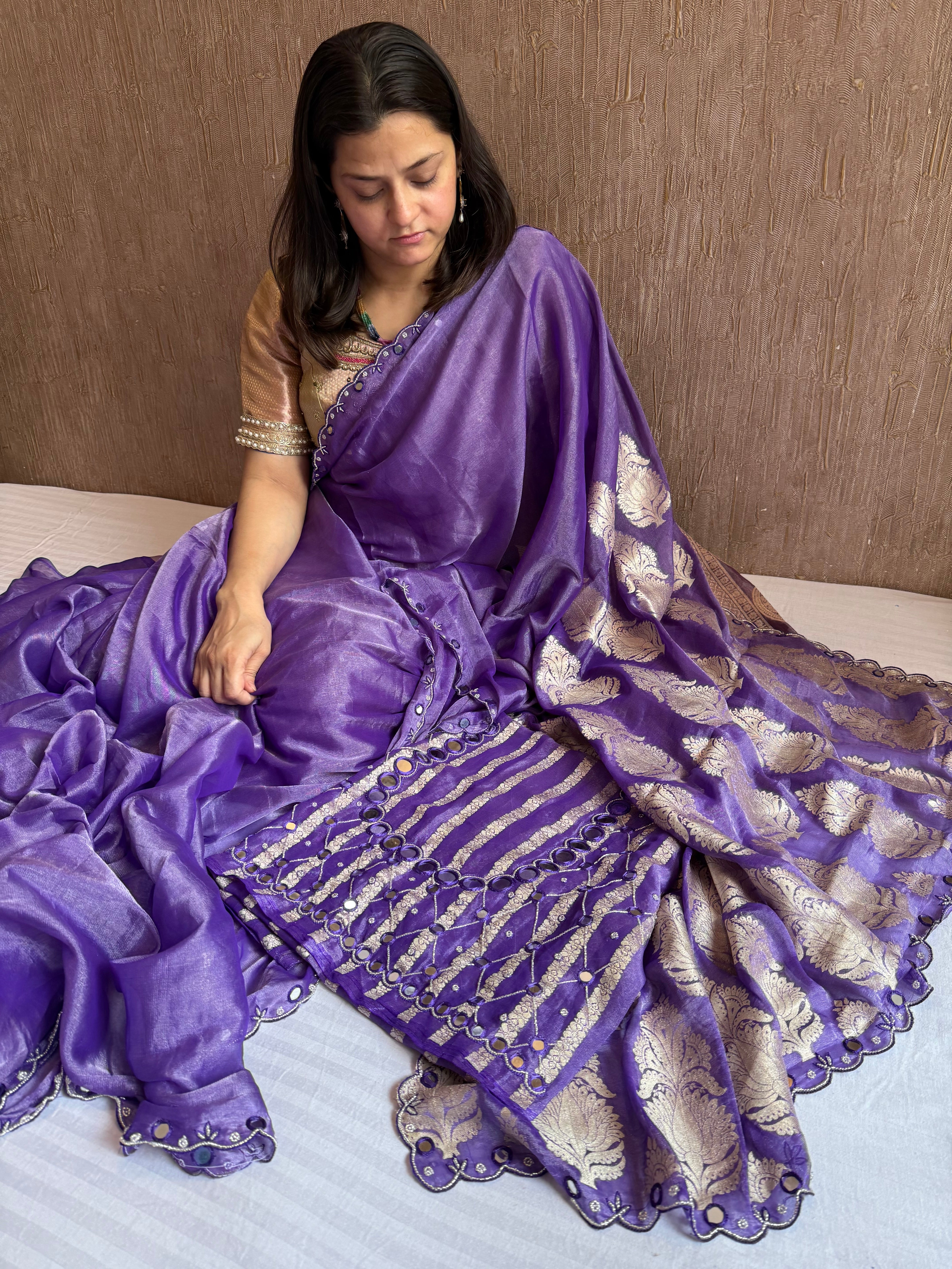 Bright royal purple tissue gorgette kadhwa mirror work hand embroidered saree