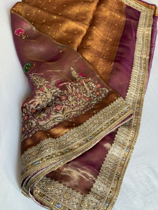 Mughal motif inspired- Lavender husn tissue silk heavy hand embroidered saree