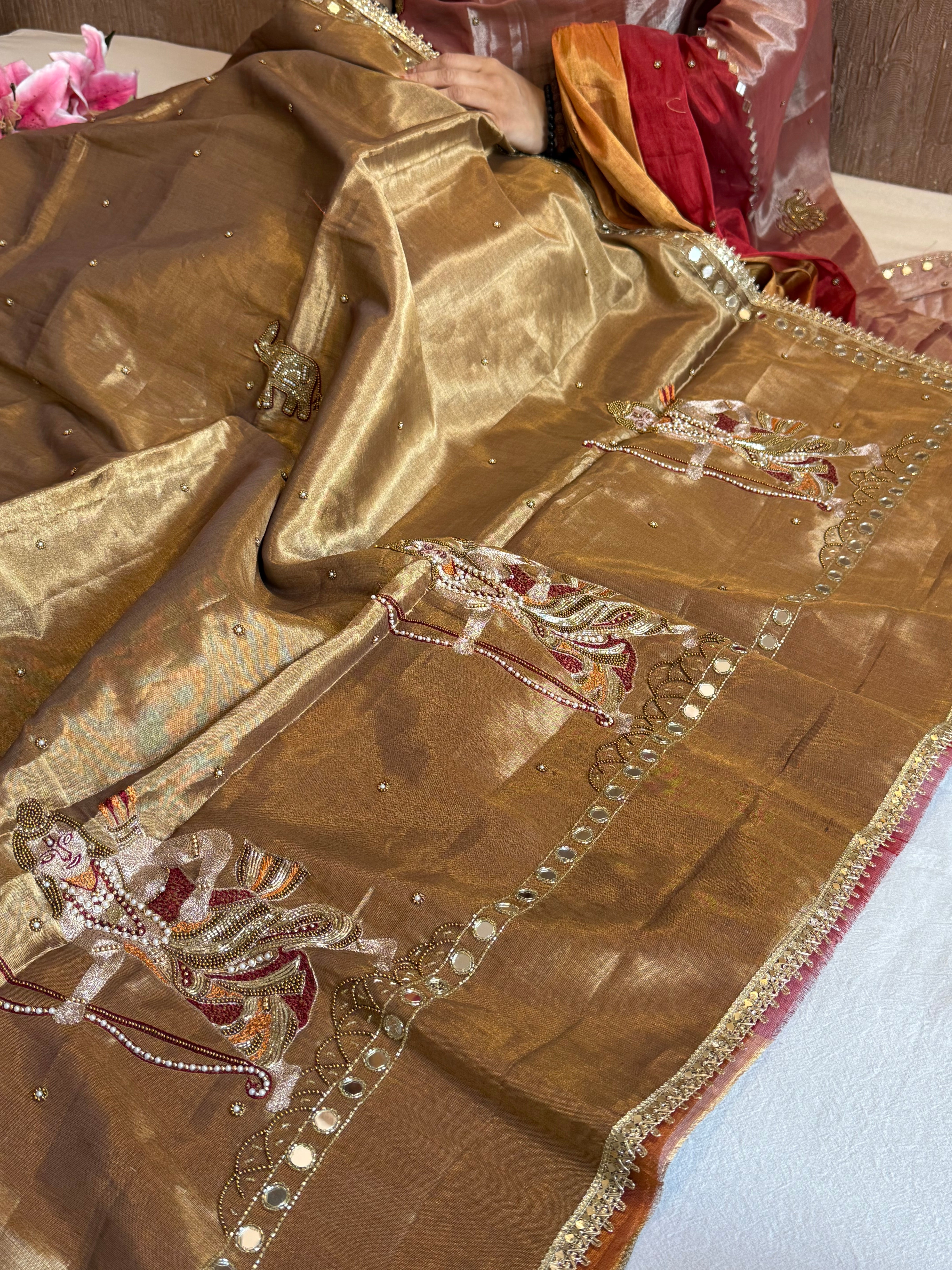 Satin tissue silk antique gold banarasi hand embroidered kadhwa saree